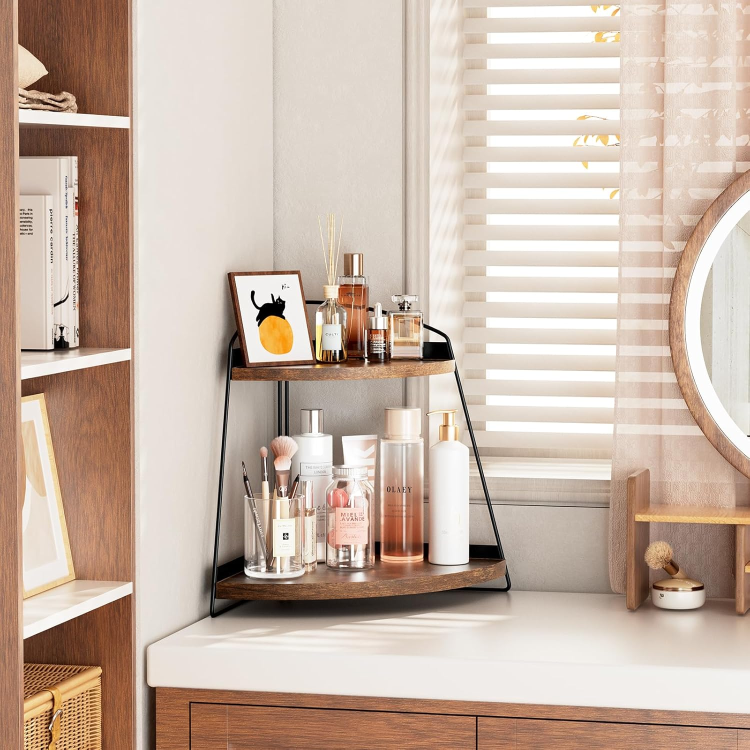 Puricon Corner Bathroom Counter Organizer, 2 Tier Corner Countertop Organizer Vanity Shelf, Wood Bathroom Organizers and Storage for Skincare -Brown image number 2