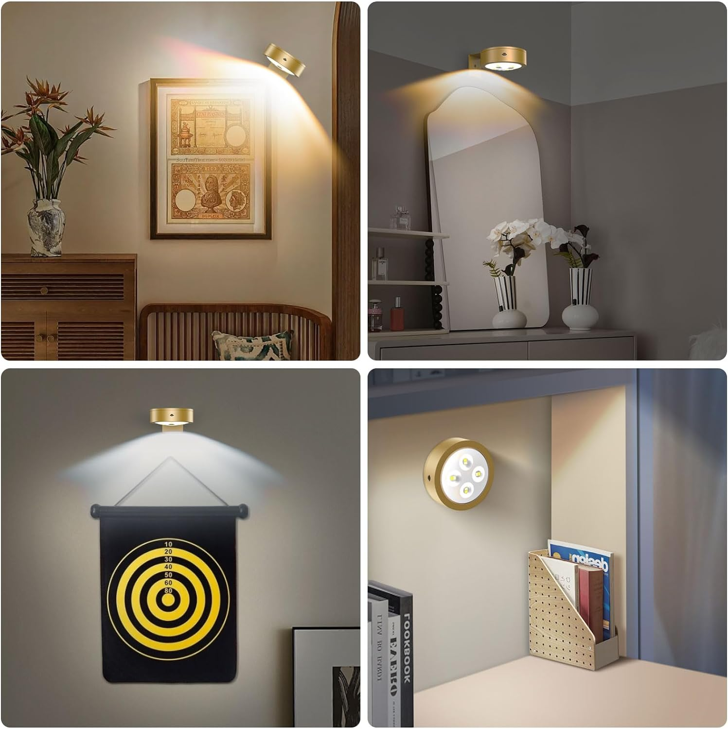 EUIOKUN 3Pack Wireless Picture Light,Battery Operated Painting Light with Remote,Magnetic Timer Display Art Lamp for Wall,Dimmable Picture Frame Light for Frame Artwork,Wall Decor Puck Lights-Gold image number 5