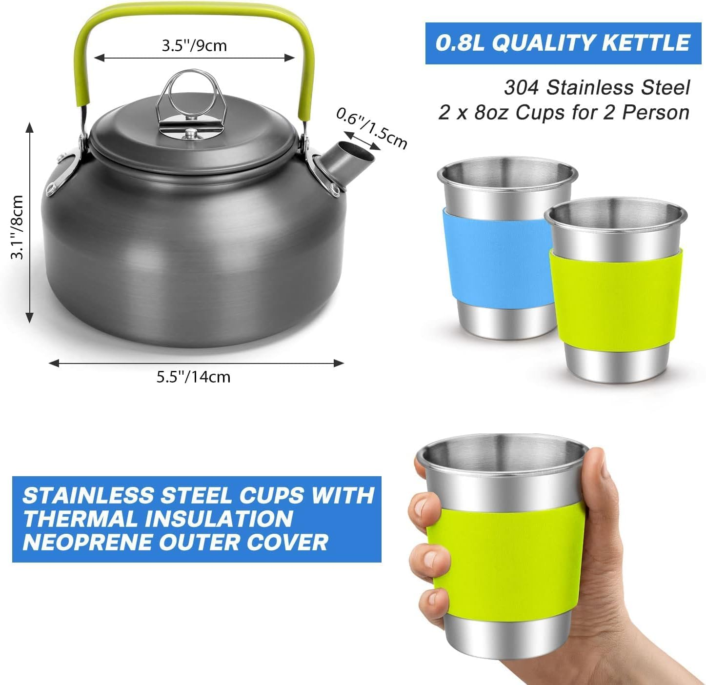 15Pcs Camping Cookware Mess Kit, Non-Stick Lightweight Pot Pan Kettle Set with Stainless Steel Cups Plates Forks Knives Spoons for Camping,Outdoor Cooking and Picnic (Black)