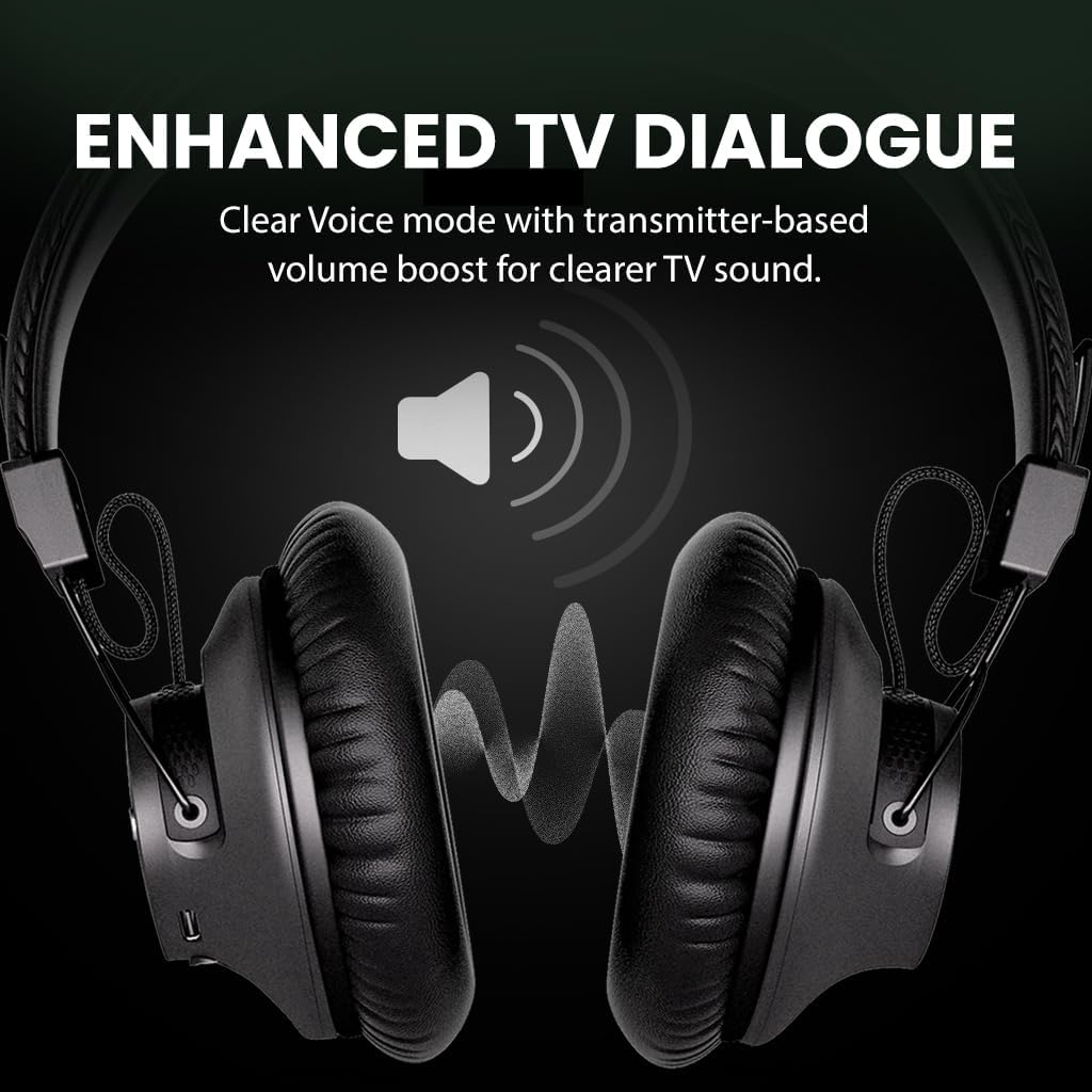 Avantree HT5009 plus &ndash; Wireless TV Headphones for Tvs with Optical (TOSLINK) or AUX Audio Output, Clear Voice and Volume Boost, Comfortable Over-Ear Fit, 60H Battery Life, Charging Dock Included image number 2