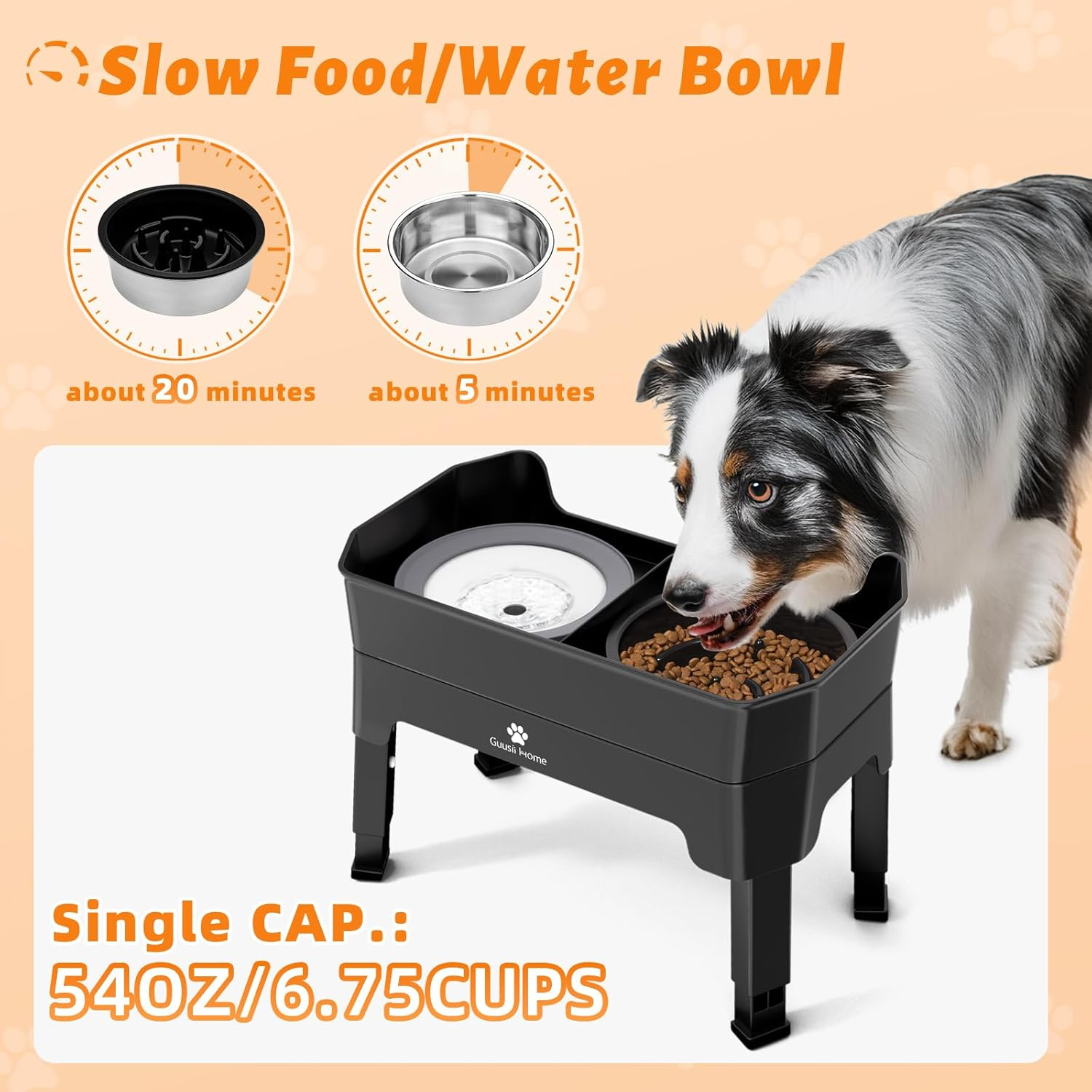 GUUSII HOME Elevated Dog Bowl with Stand Raised Feeding Station for Large Medium Small Sized Dogs Licking Plate Slow Food and Water Dish Set Adjustable Height 43.5 * 26.7 * 16/28.7/32.7/36.7Cm 1600Ml image number 3