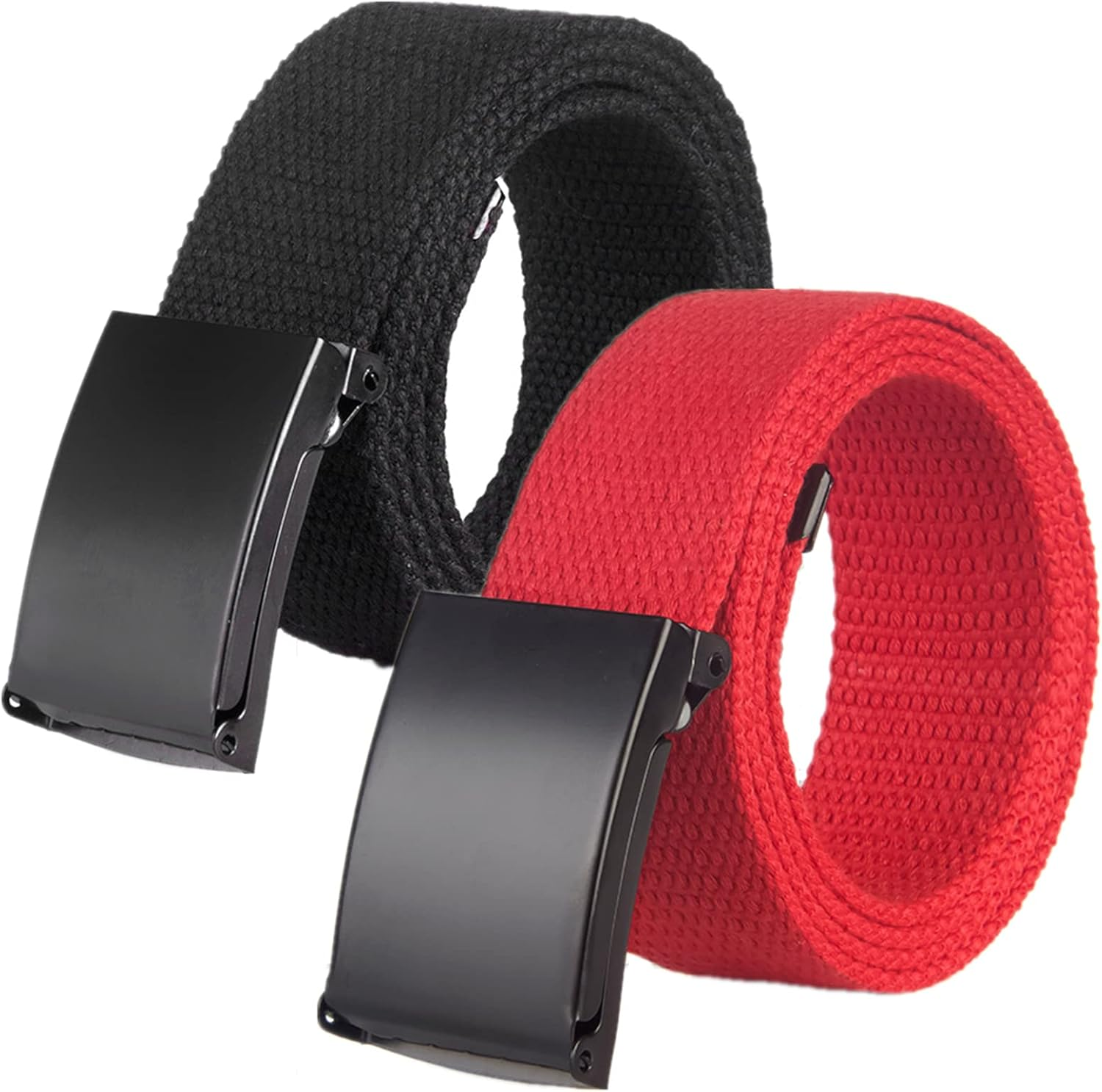 Yunyunstrap Mens Canvas Web Belt, Cut to Fit Size up to 69" with Flip-Top Solid Black Military Buckle, 2 Pack