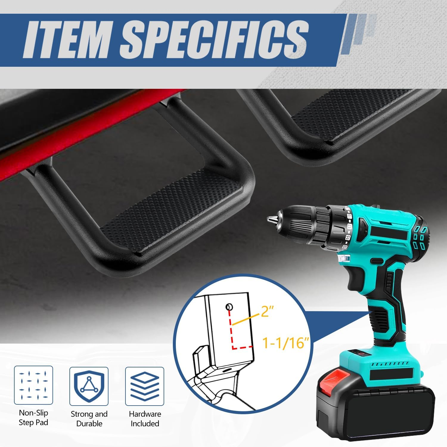 Auto Dynasty Universal Side Step for Pickups & Trucks, Aluminum, Black Coated, Set of 2 - Black image number 3