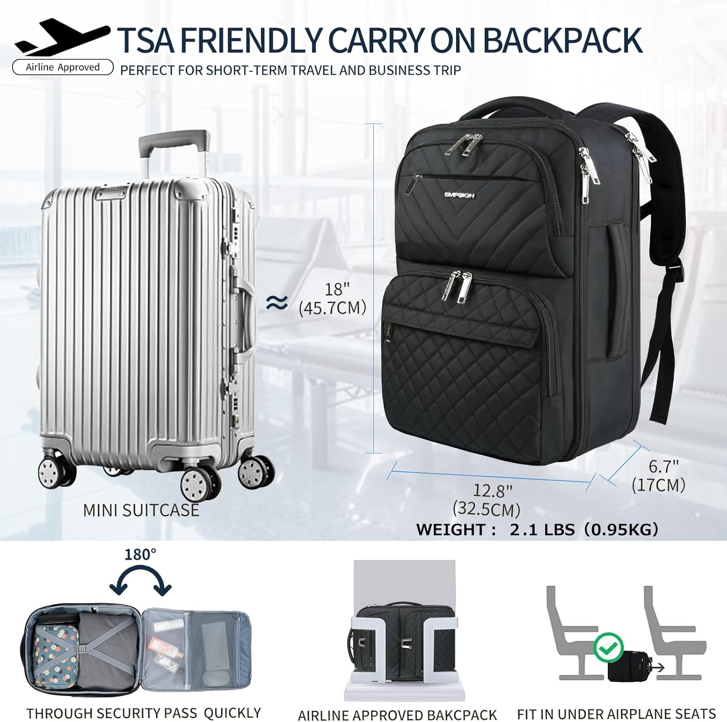 EMPSIGN Travel Backpack for Women, Large Carry on Backpack Airline Approved Personal Item Travel Bag, 17 Inch TSA Friendly Laptop Backpack with USB Port, Casual Daypack Business Backpack image number 2