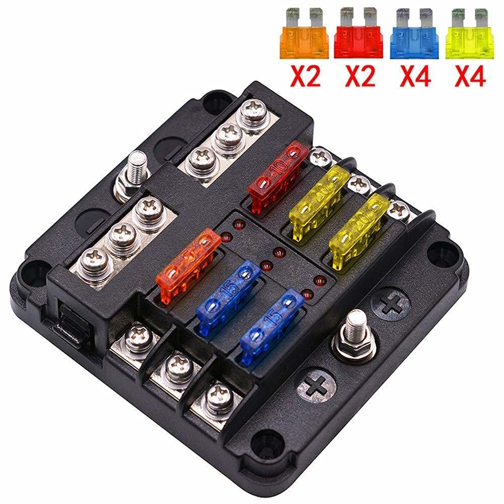 6-Way Waterproof Fuse Block,With LED Indicator 12 Circuits with Negative Marine Fuse Box for Dc 12/24V Car Boat RV Truck image number 1