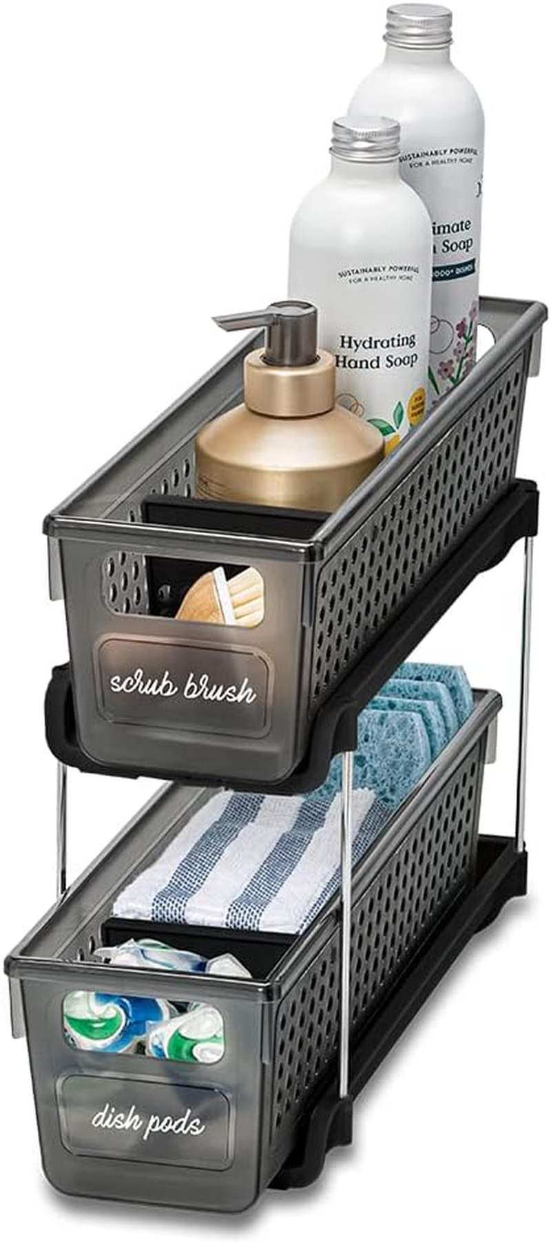 Madesmart Premium Antimicrobial 2-Tier Mini Organizer Multi-Purpose Slide-Out Storage with Handles and Dividers for Home and Bath, Pack of 1, Carbon image number 6