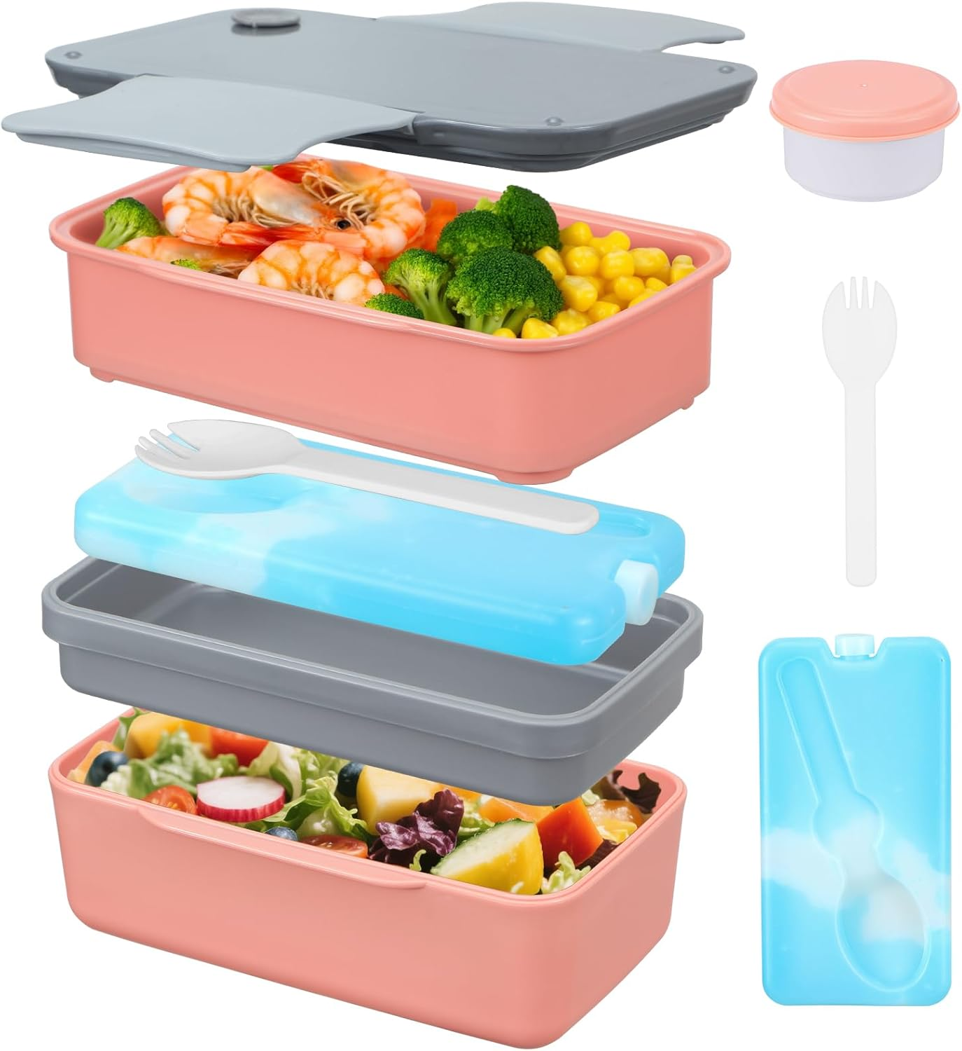 Globright Bento Lunch Box for Kids,6 Stackable Containers for Adults, Leak-Proof Built-In Utensil Set Reusable Ice Pack (Blue)