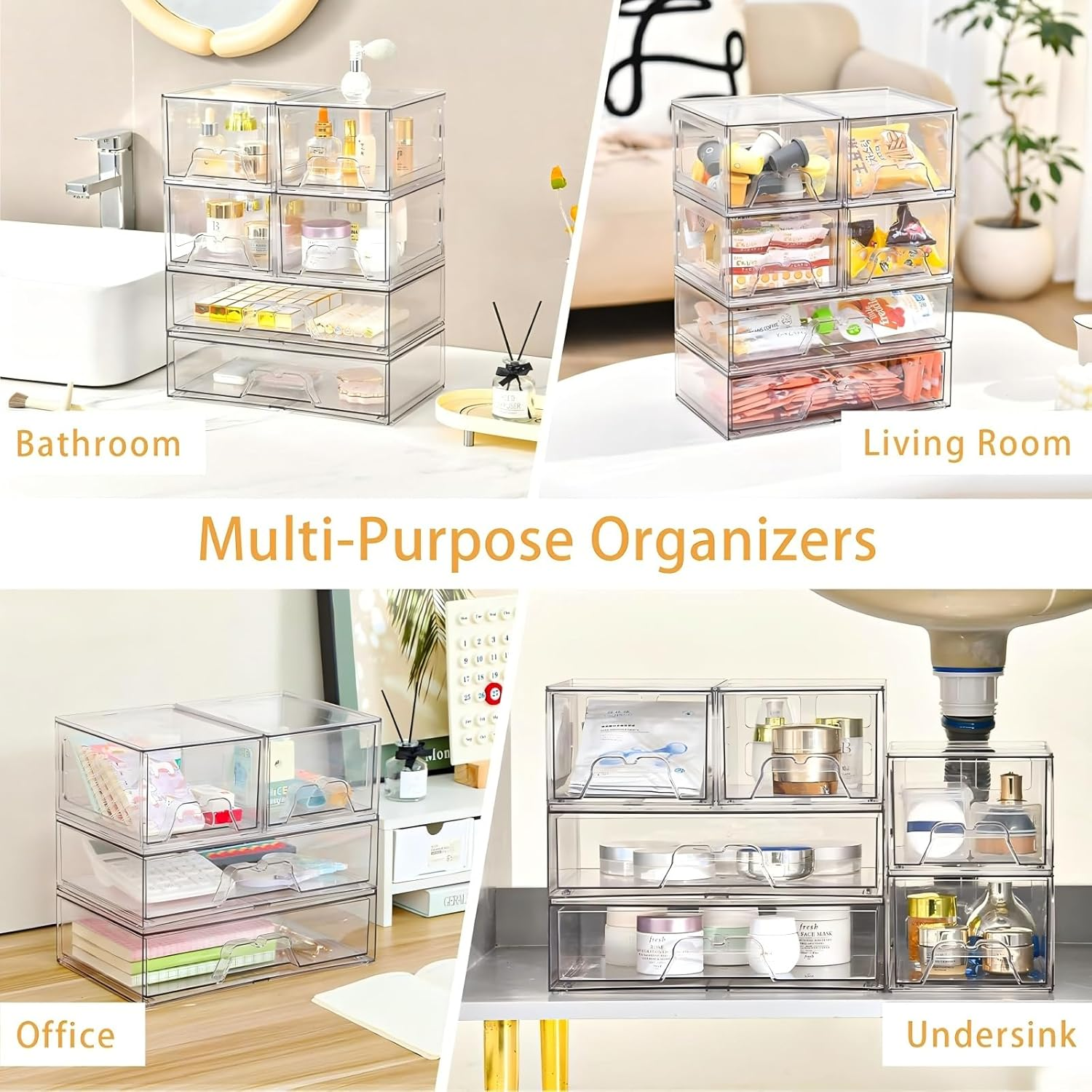Makeup Organizer, 6 PCS Clear Stackable Storage Drawers, Desk Organizers, Dustproof Drawer and for Make Up, Jewelry, Clear Organizer for Home & Office Use, Bathroom Counter Dressing Table image number 4