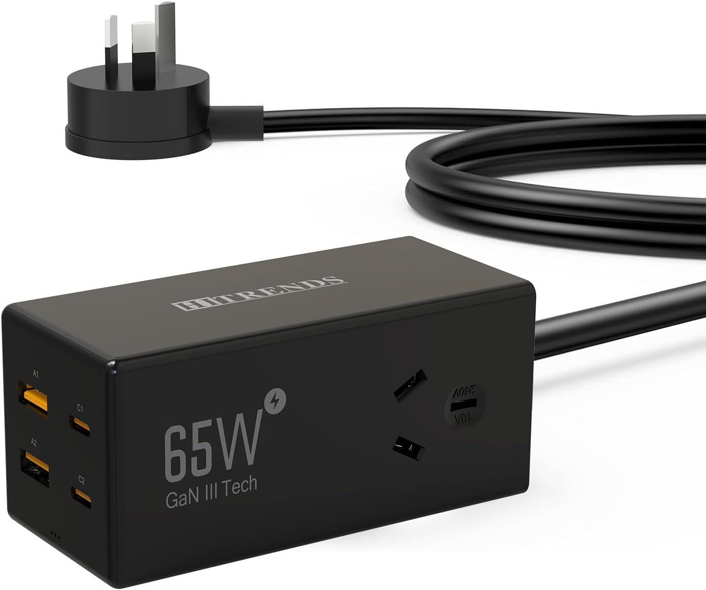 HITRENDS Gan 65W USB C Powerboard Fast Charging Station, 6 in 1 Travel Power Strip with 2 AC Outlets, 4 USB (2 USB C), Extension Cord 1.5M, Desktop Outlet Extender for Laptop, Macbook, Iphone, Work image number 1