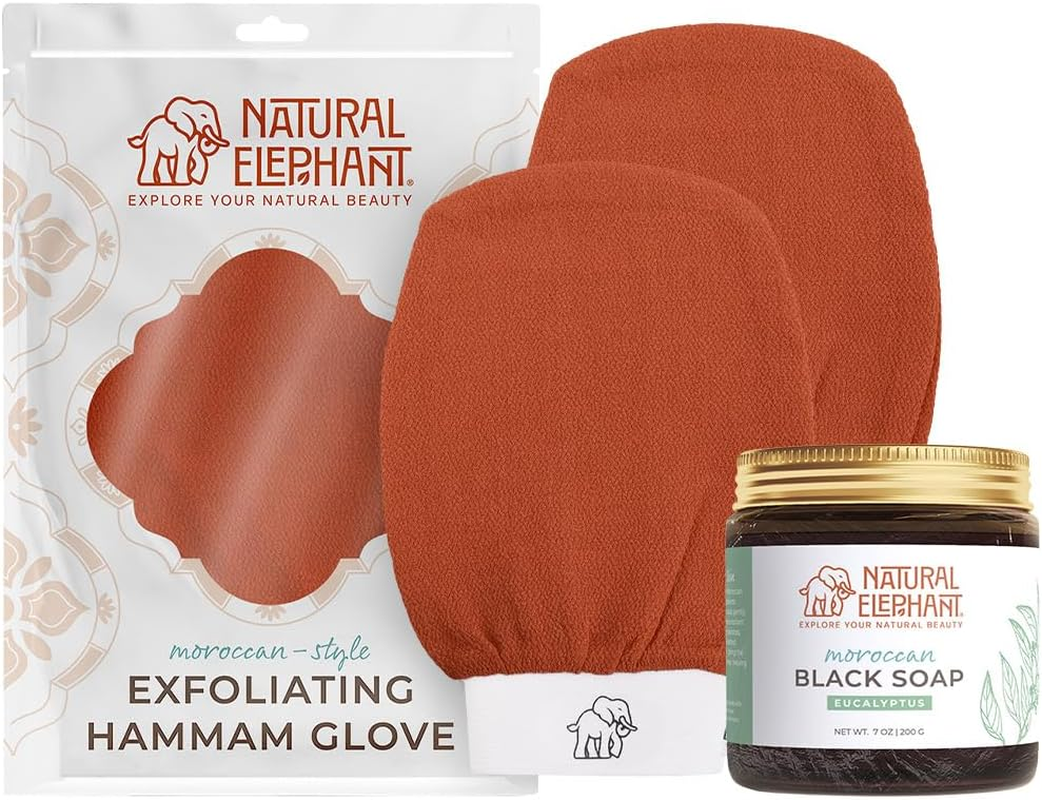 Natural Elephant Moroccan Black Soap 200G (7Oz) and 2 Pack Exfoliating Hammam Glove Combo (Burnt Orange)