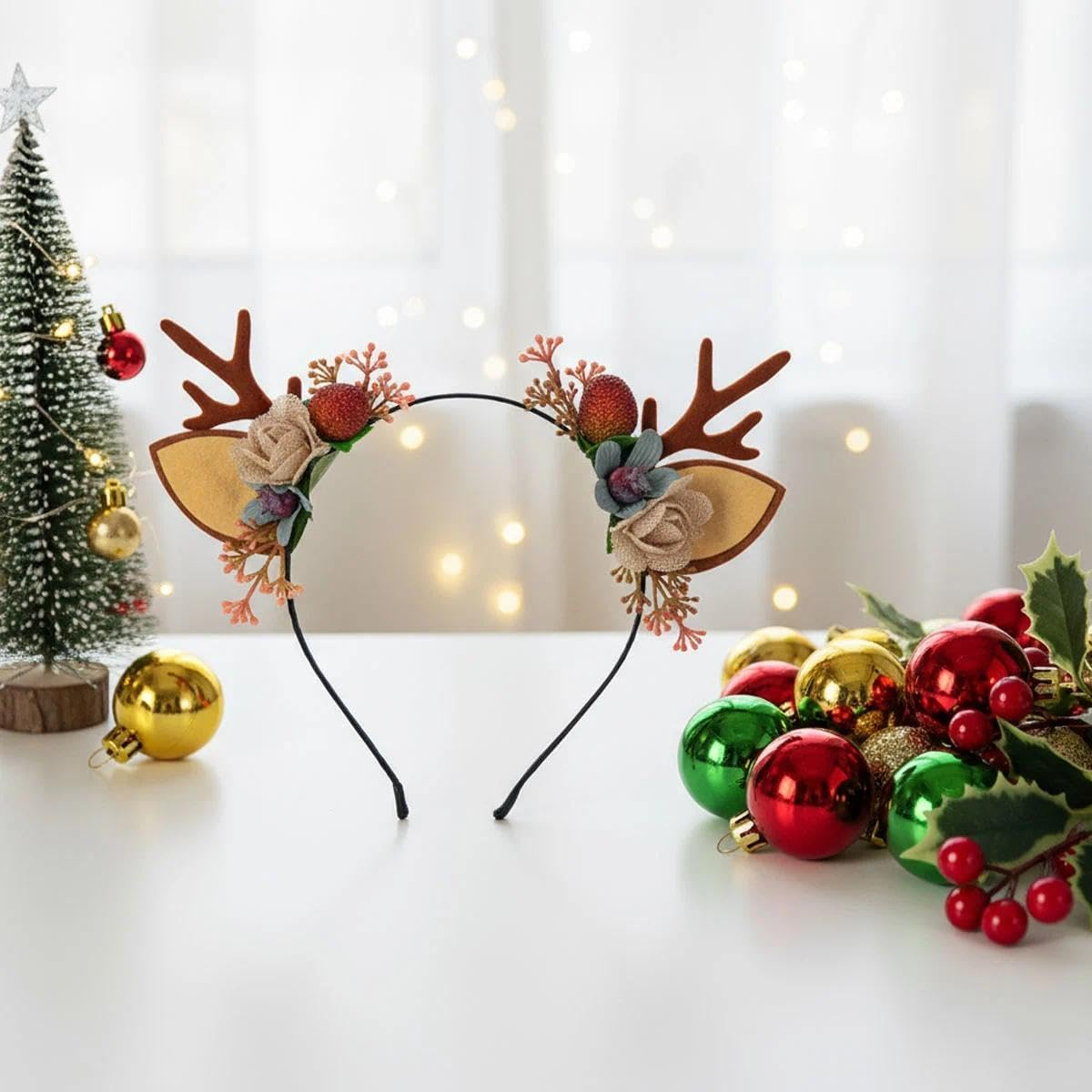 Unron Christmas Reindeer Antler Headband Xmas Flower Antler Ears Hair Band for Women Girls image number 4