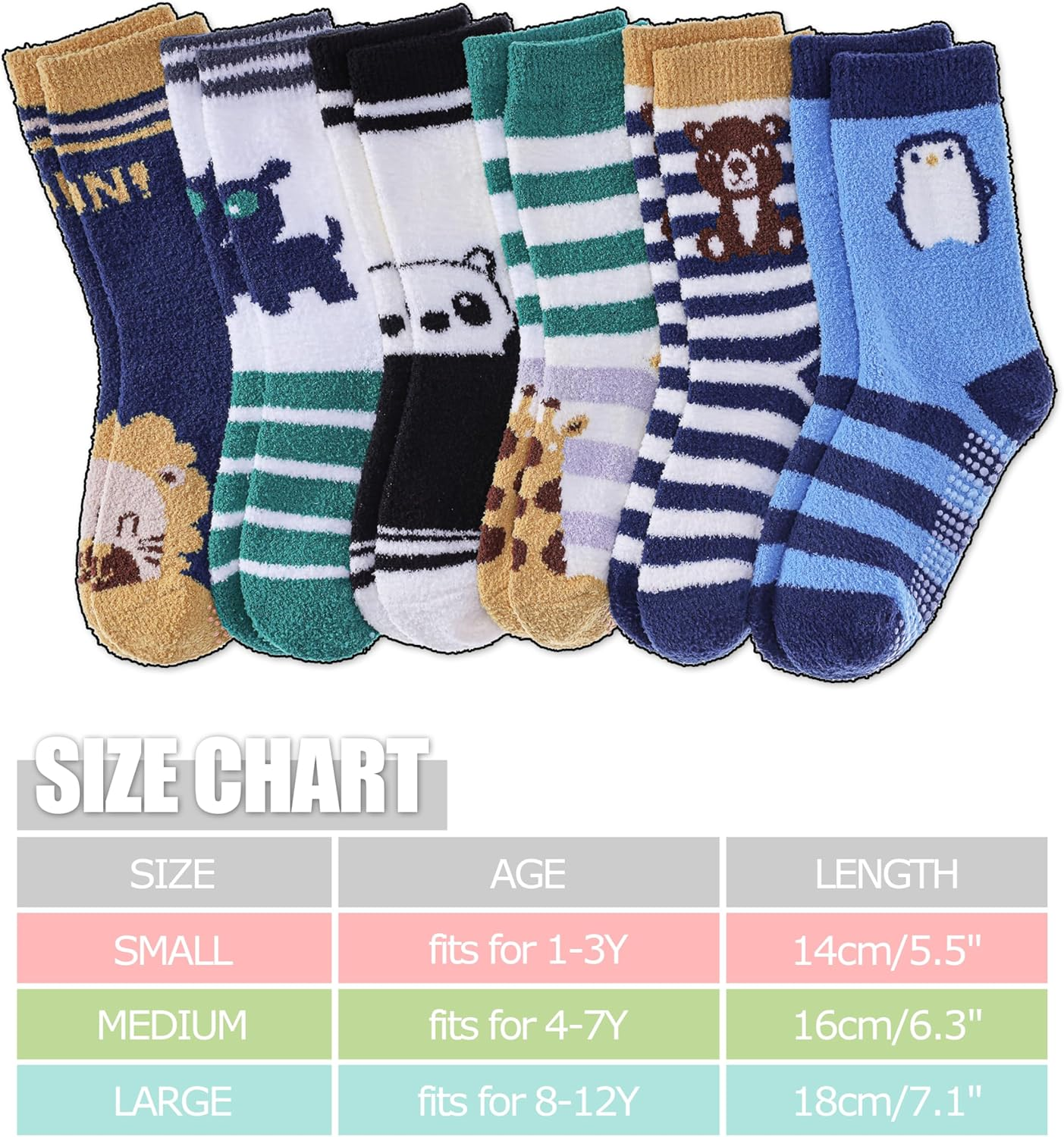 LINEMIN Kids Boys Toddlers Fuzzy Socks with Grips Cute Fun Animal Cozy Fluffy Winter Warm Non Slip Crew Socks 6 Pairs image number 5