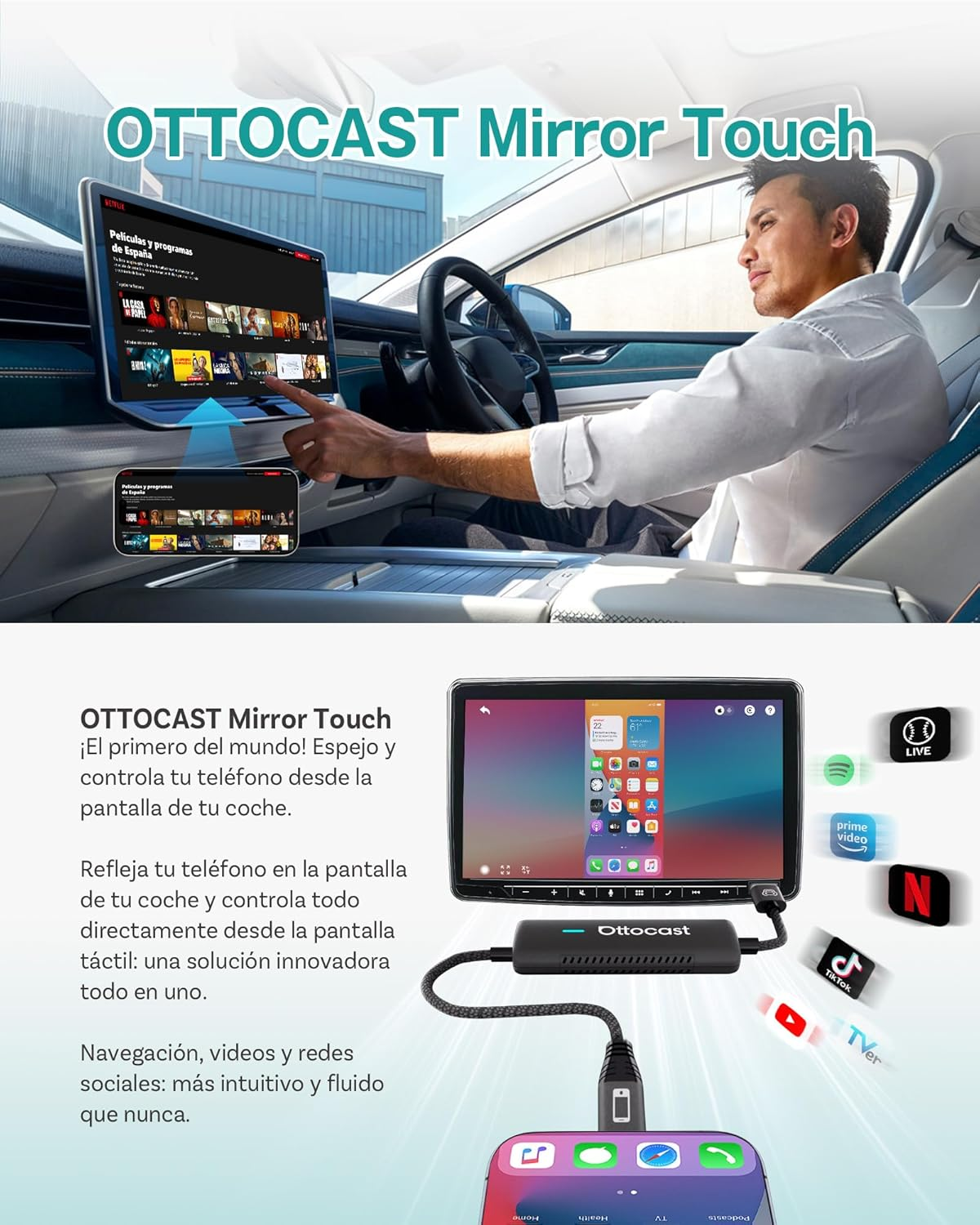 Ottocast Mirror Touch - Wireless Carplay & Bi-Directional Phone Mirroring Adapter - Dual Mode, Plug & Play Upgrade for Factory Wired Cars (2016+) image number 1