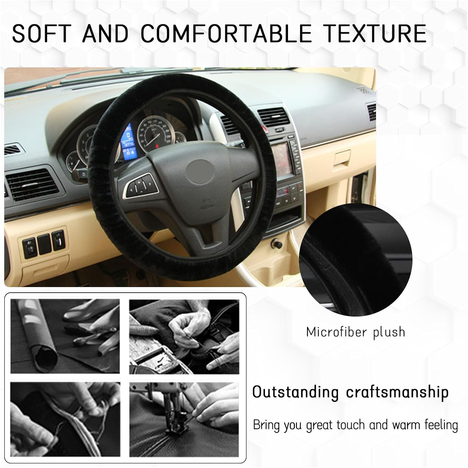 Kewucn Fuzzy Car Steering Wheel Cover, 15 Inch Elastic Soft Steering Wheel Protector, Anti-Slip Fluffy Car Wheel Covers, Universal Vehicle Warm Winter Accessories for Car SUV Truck (Black)