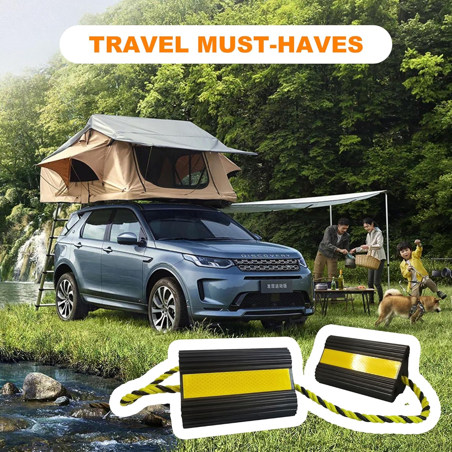 Wheel Chocks [1Pair/2Pack with Rope] for RV Trailer Camper Truck Car, Heavy Duty Rubber Tire Block with Reflective Strips, Non-Slip Base, Camper RV Accessories image number 5