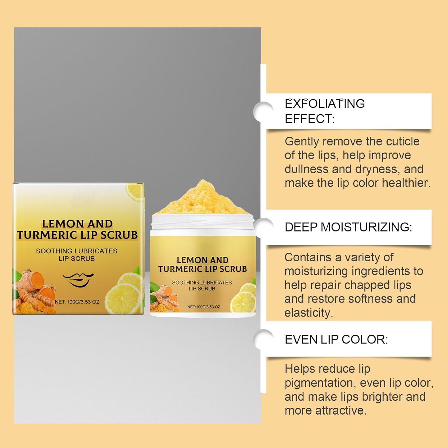 Turmeric Lip Scrub, Lip Exfoliator Scrub, Turmeric Vitamin C Scrub, Dark Lips Lightening Treatment, Lip Brightening Lip Lightening for Dark Lips Smoker, Turmeric Lemon Lip Scrub (1Pcs) - 2Pcs image number 3