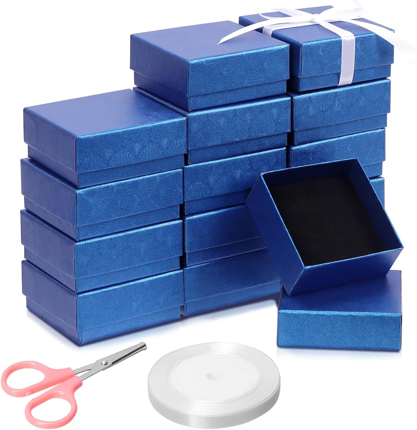 Glarks 17Pcs Champagne Color 2.95 X 2.95In Jewelry Gift Boxes with Pink Scissors and White Polyester Ribbon Set, Diamond Pattern Necklace Earring Bracelet Boxes Gift Case Ideal