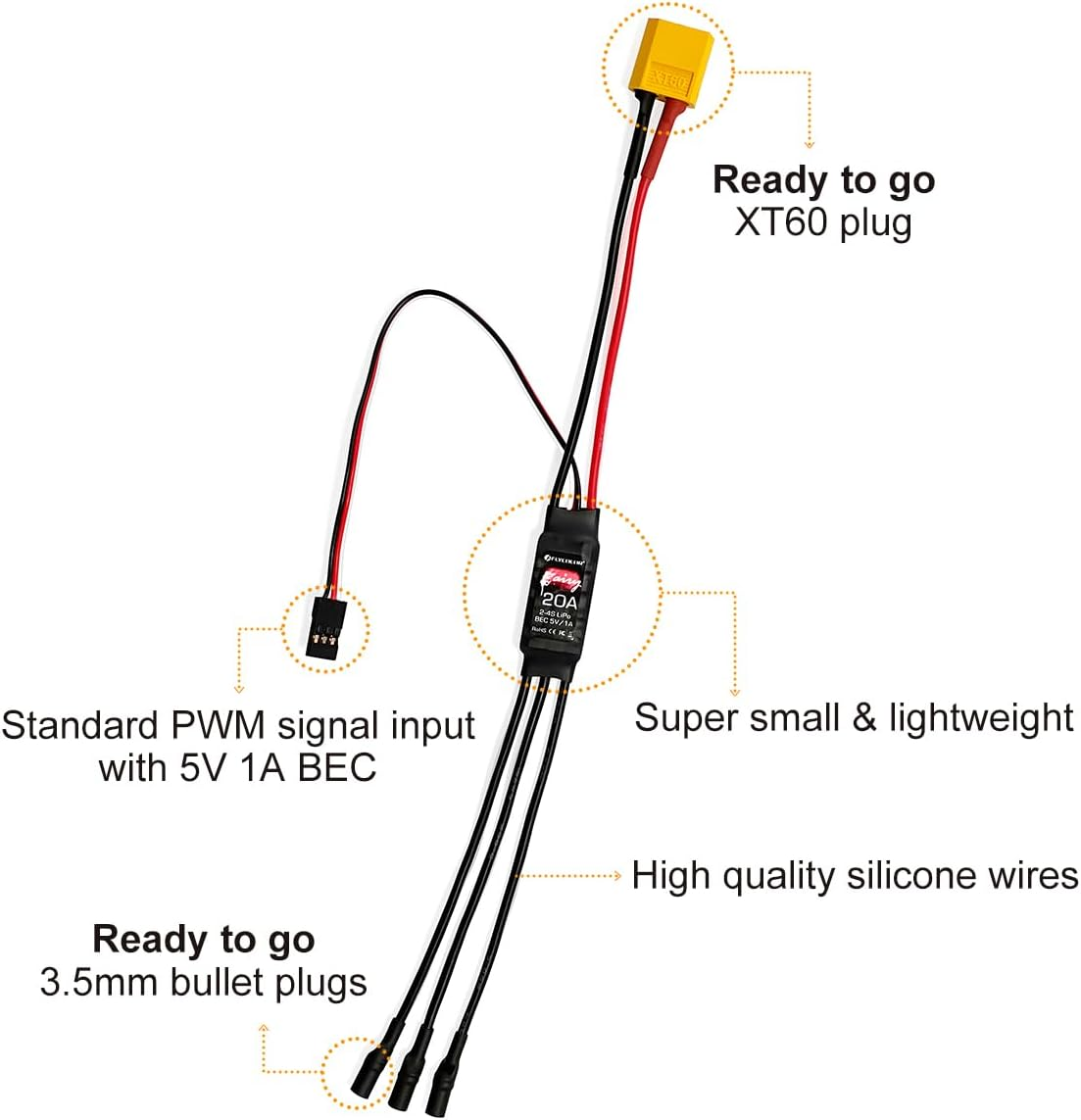 HAWK'S WORK Brushless ESC, Super Light & Small Size 20A Electric Speed Controller with 5V1A BEC for Multi-Rotor Drone RC Airplane (1 Pack) image number 1