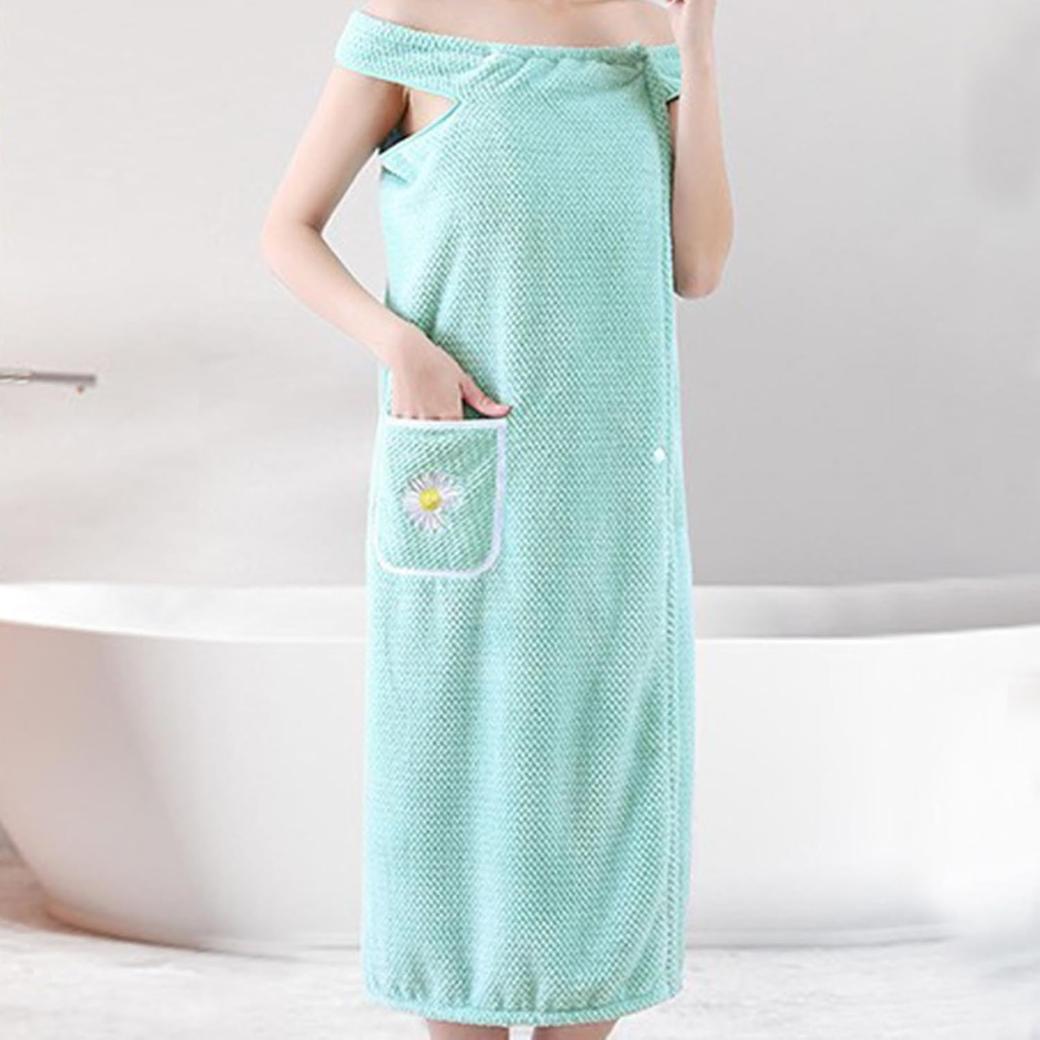 Womens Wearable Bath Towel, with Pockets Bathrobe Bath Towel Wrap, Bathtub Shower Dress, Absorbent Bathing Skirt for Sauna Spa Shower,Bath Towels,Suitable for Home, Swimming, Beach (Pink) - Green image number 5