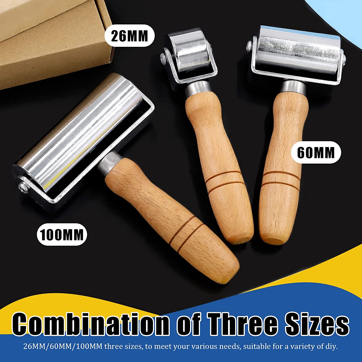 Glarks 3Pcs 26Mm 60Mm 100Mm Leather Press Edge Rollers Leather Edge Creaser and Smoother for Leather Glue Laminating, Quilting, Platen Tools image number 2