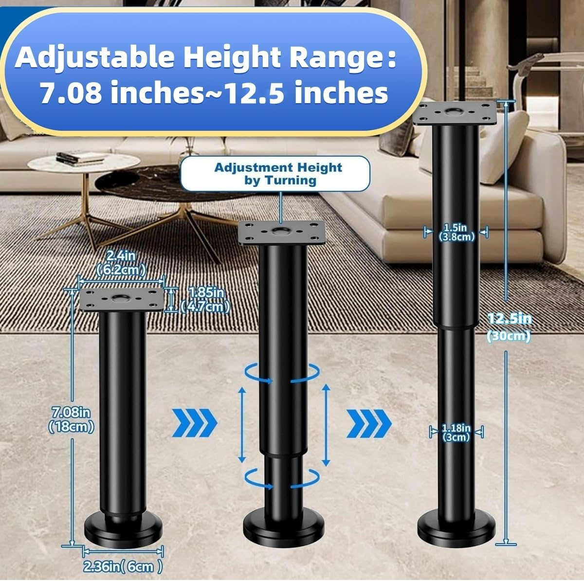 4-Pack Adjustable Height Bed Support Legs(18-32Cm) -Furniture Legs | Cabinet Feet | Black Metal Replacement Feet with Non-Slip Pads | Bed Center Slat Support image number 2