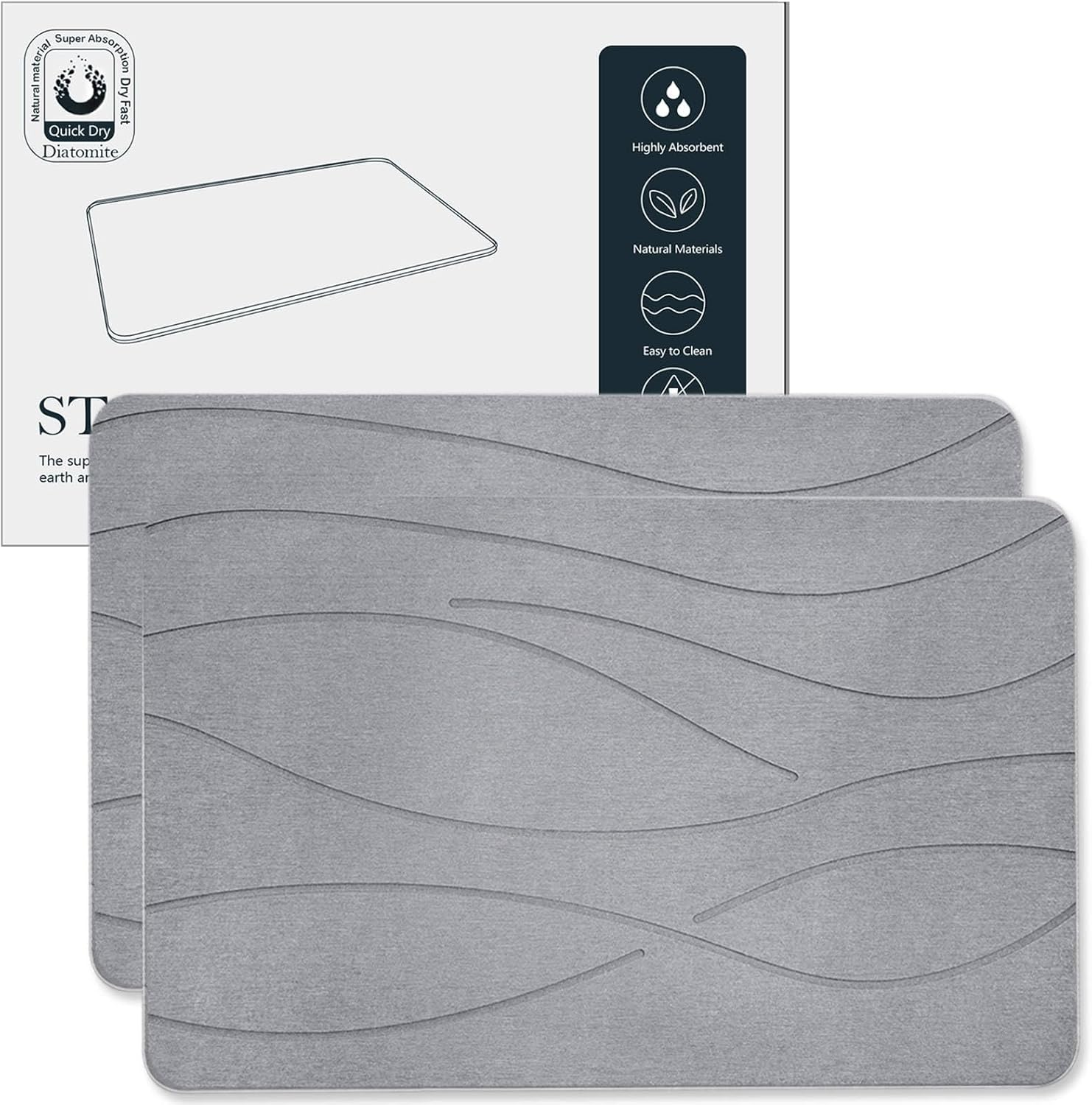 Heyolo Stone Bath Mat Diatomaceous Earth Bath Mat 60X39Cm Non Slip Super Absorbent Bath Mats for Bathroom Quick Dry Diatomite Stone Shower Mat for Kitchen Bathtub, Easy to Clean, Light Gray 2 Pack image number 2