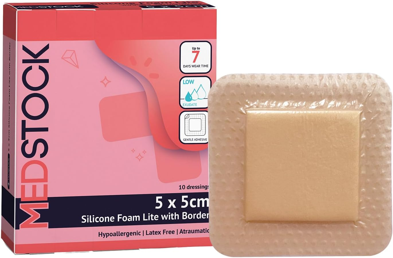 MEDSTOCK Silicone Foam Lite Dressing with Border, 5Cm X 5Cm, 10 Count, Comfortable Healing for Wounds, Waterproof, Gentle & Secure Adhesion image number 6