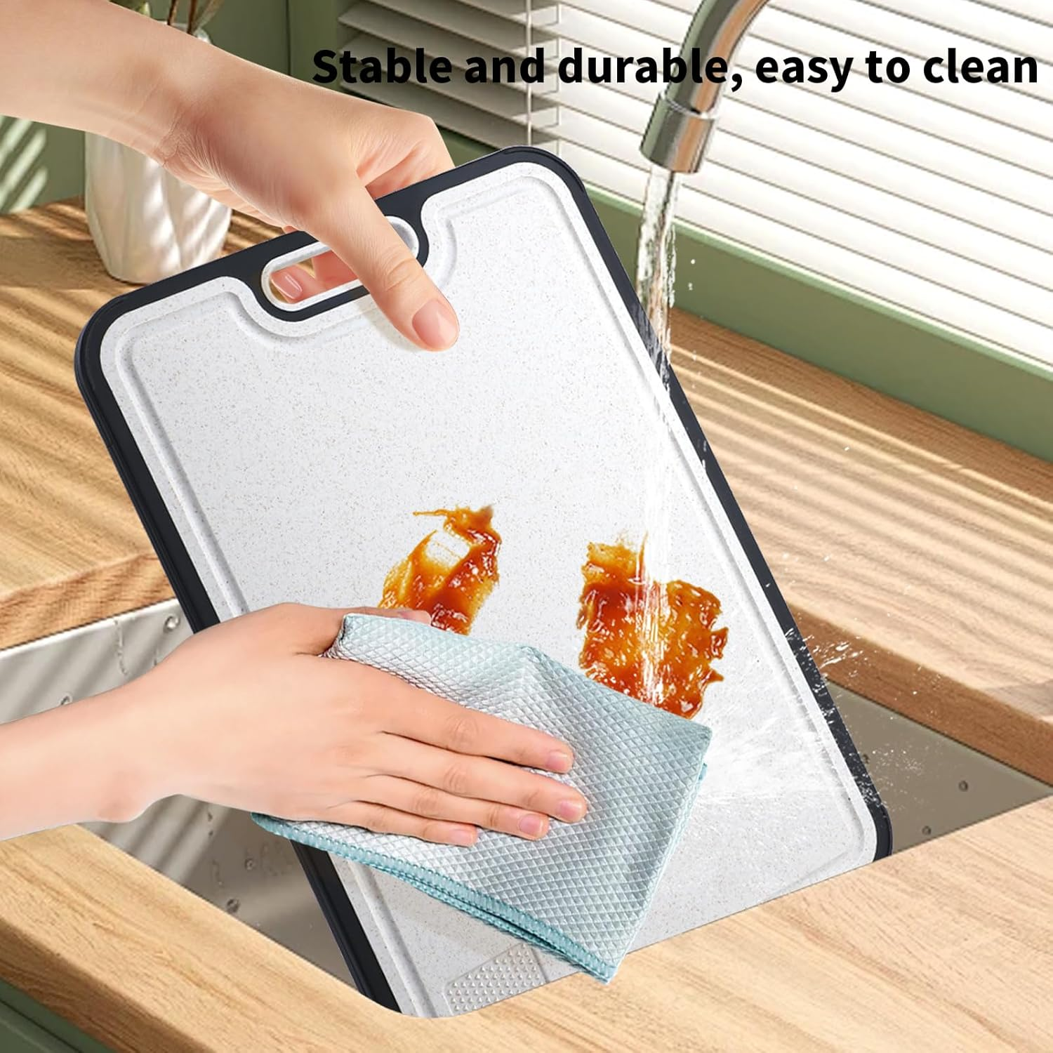 Cutting Board,Double Sided Titanium Cutting Boards for Kitchen, Titanium/Wheat Straw PP Chopping Board with Juice Groove,Large Size 15.6"&times;10.6",Dishwasher Safe, Easy to Clean image number 5