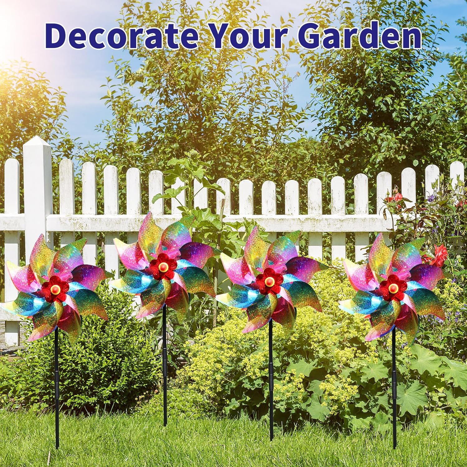 10 Pieces 21 Inches Rainbow Reflective Pinwheels with Stakes Windmill Wind Spinners Outdoor for Yard Garden Lawn Farm Decor Bird Repellent, Large Plastic Foil Pin Wheels for Birds Animal Deterrent image number 4