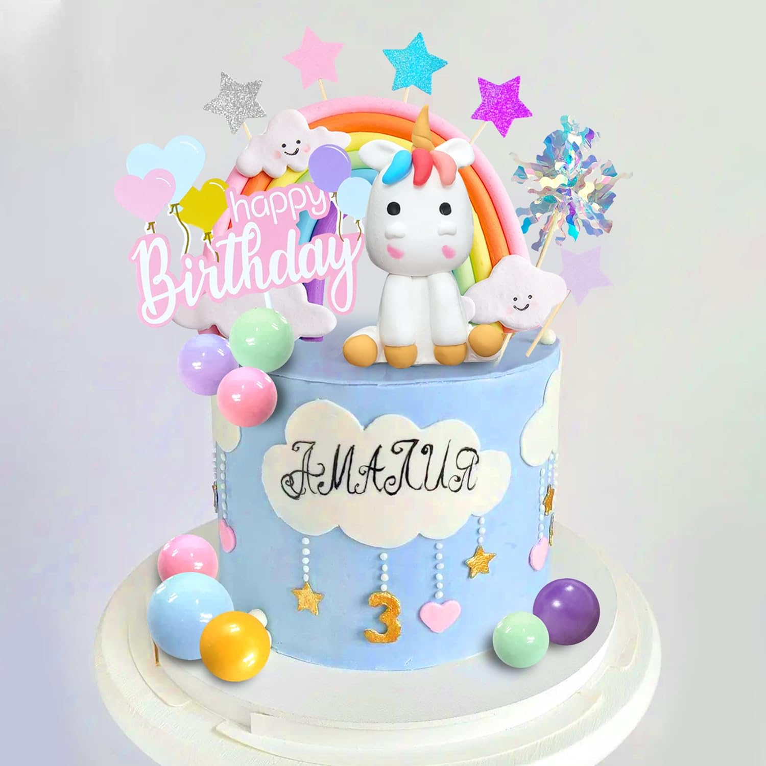 DRWATE 18 PCS Unicorn Cake Topper, Unicorn Rainbow Cake Decorations with Rainbow Stars Unicorn Foil Firework Balls Happy Birthday Cake Decorations for Boys Girls Kids Birthday (Style 1) image number 1