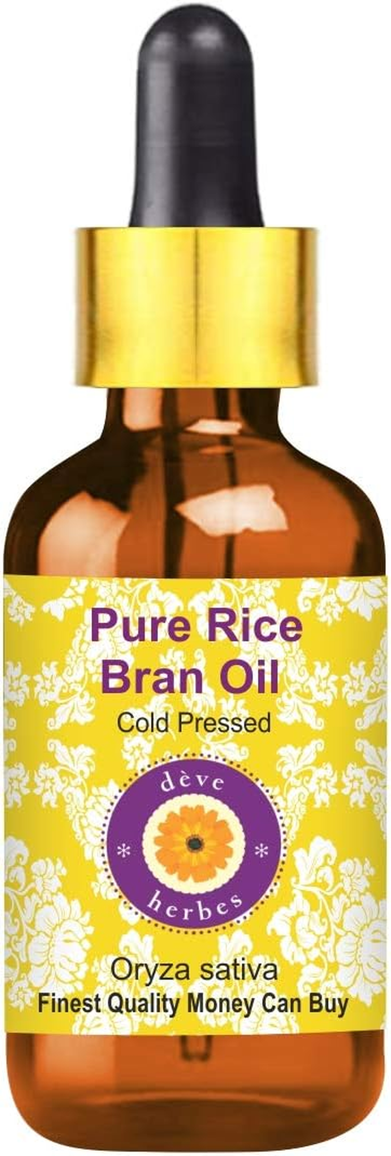 Deve Herbes Pure Rice Bran Oil (Oryza Sativa) with Glass Dropper 100% Natural Therapeutic Grade Cold Pressed 100Ml (3.38 Oz)