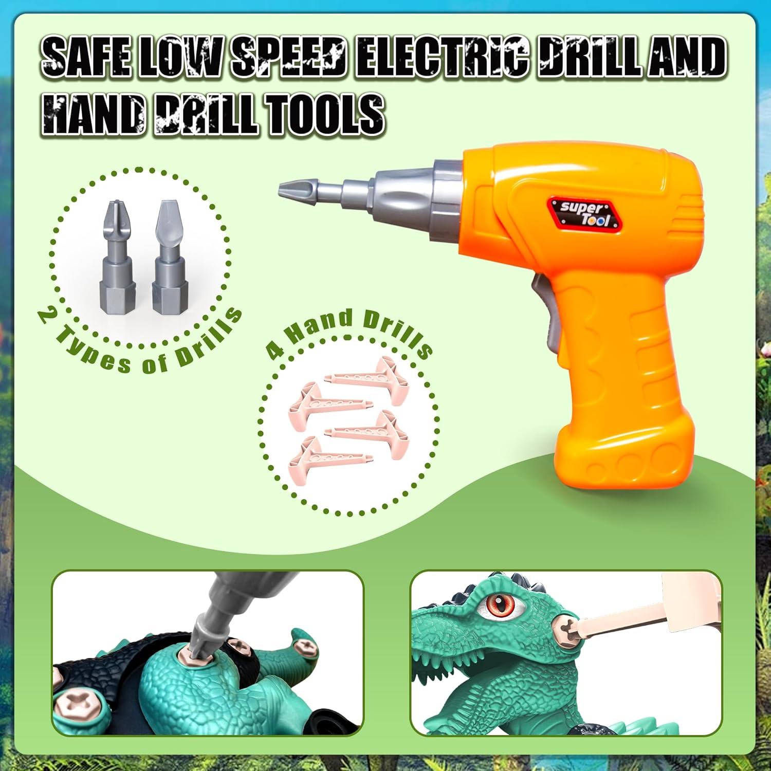 4 PCS Kids Take Apart Dinosaurs Toys, Building＆Construction STEM Educational Toy Set with 1 Electric Drill＆4 Hand Drills,Diy Engineering Play Kit Christmas Birthday Gifts for 3 4 5 6 7 8 Old Boy Girl