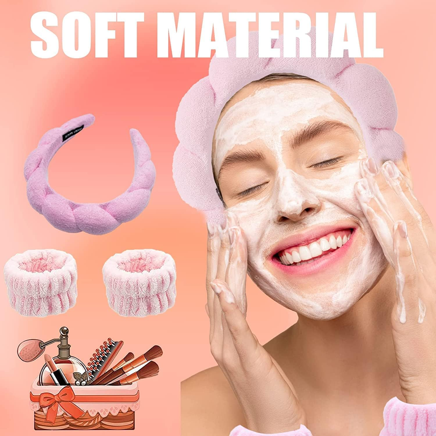 3 Piece Spa Headband Wrist Wash Band Set, Makeup Headband and Bracelet for Face Washing, Skin Care, Microfibre Wrist Towel Band, Hair Bands, Hair Accessories for Women, Girls (Pink) - Pink image number 5