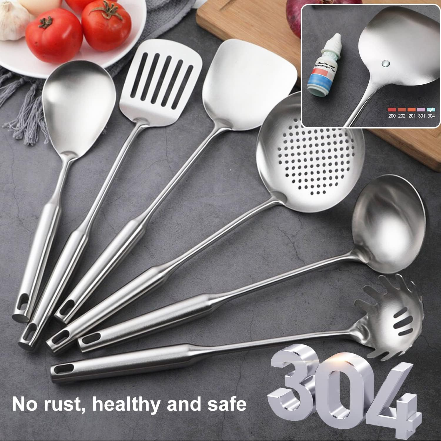 Kitchen Utensils Set Stainless Steel, 6 Pcs Professional All Metal Cooking Utensils Set, Wok Spatula, Ladle, Skimmer, Slotted Spatula Tunner, Spaghetti Spoon, Large Spoon - Brushed image number 6
