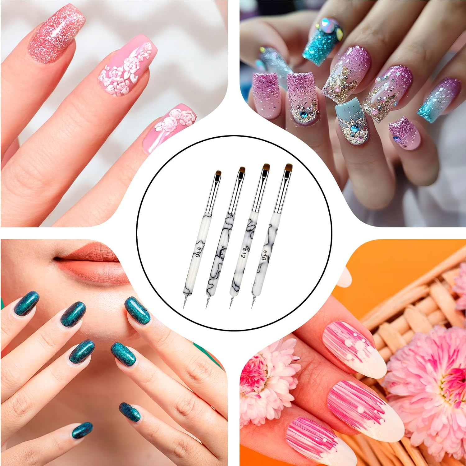 4 Pcs French Nail Brush Set French Tip Brush and 2 Way Dotting Tool for Nails Gel Acrylic Nails Art Design Pen Professional Nail Clean up Brushes for Salon Manicure Beginners(White)