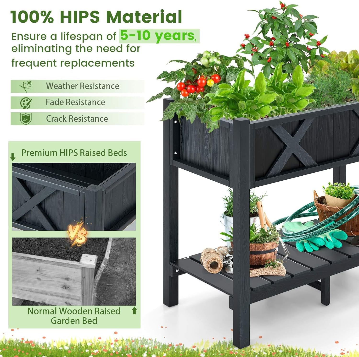 Costway HIPS Raised Garden Bed, Poly Wood Elevated Planter Box W/Legs, Storage Shelf, Drainage Holes, Weather-Proof Standing Growing Bed Planter for Flower Herb Vegetable Fruit, 5-10 Year Warranty image number 1