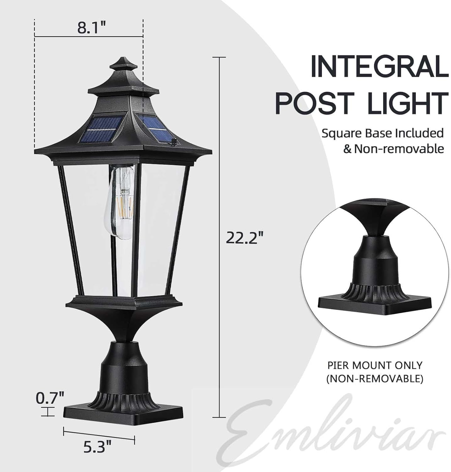 EMLIVIAR 22 Inch Farmhouse Solar Lamp Post Light with Pier Mount, Large Outdoor Post Light for outside Patio with Remote Control, Die-Cast Aluminum, Black Finish, 500181M-SL BK image number 1