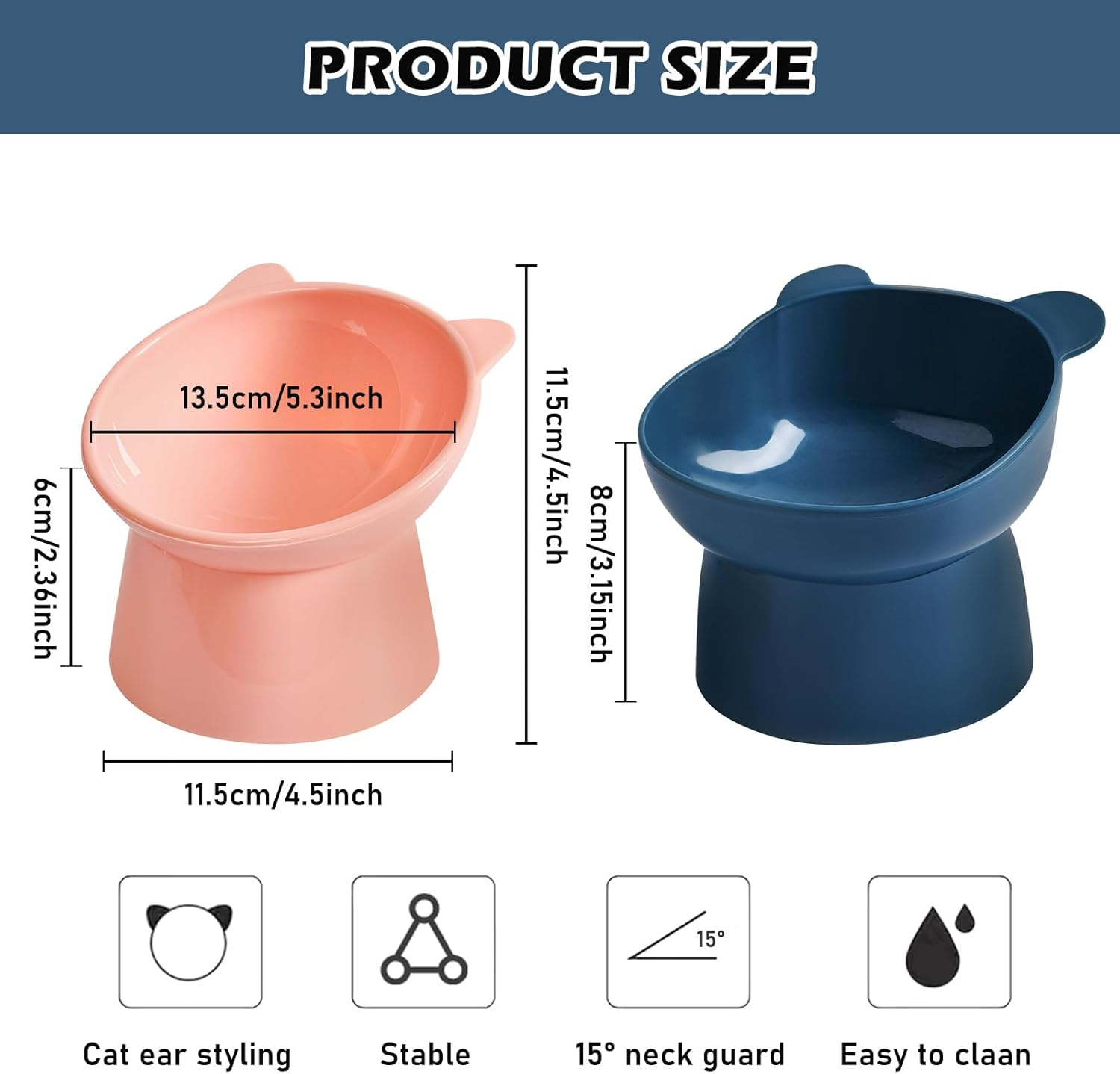 2 Pieces Raised Cat Bowl, Cat Bowl, 15&deg; Inclined Cat Bowl, Food Bowl, Relaxing Cervical Spine, for Cats, Puppies, Rabbits (Pink+Blue) image number 4