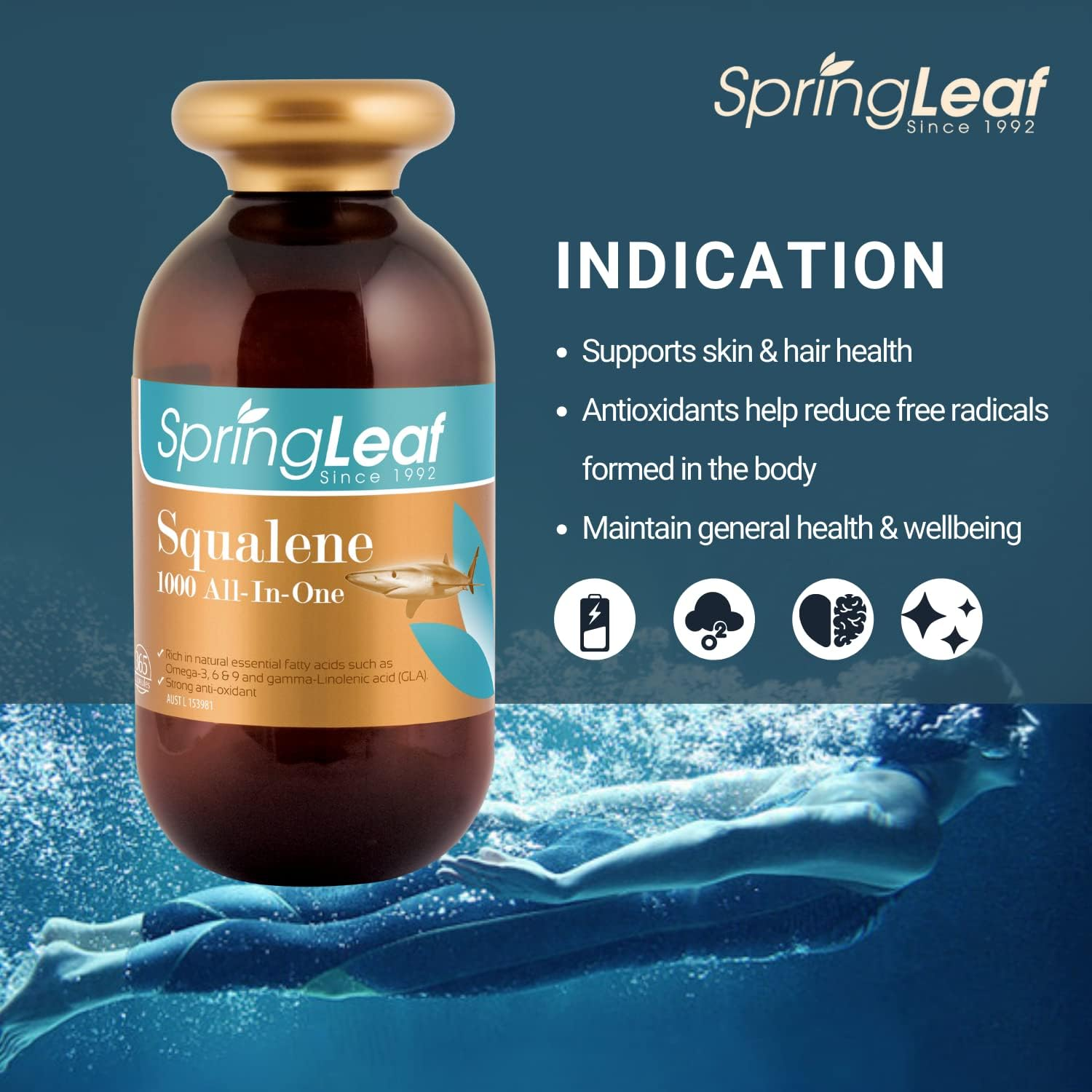 Spring Leaf Squalene 1000 All-In-1 365Cap - Rich in Omega 3,6,9 & GLA - High in Antioxidant for Hair & Skin - Support Heart and Cardiovascular Health image number 3