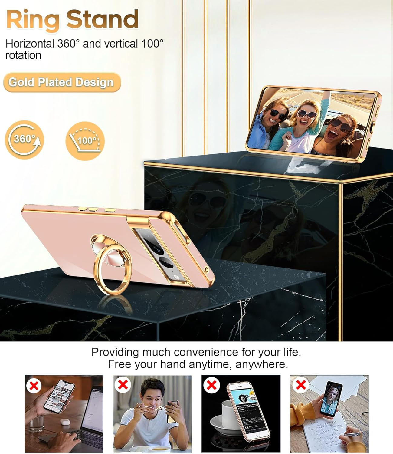 Leyi for Google Pixel 7 Pro Case: 360&deg; Rotatable Ring Holder Magnetic Kickstand, Plating Rose Gold Edge Protective Google Pixel 7 Pro Case, Pink image number 5