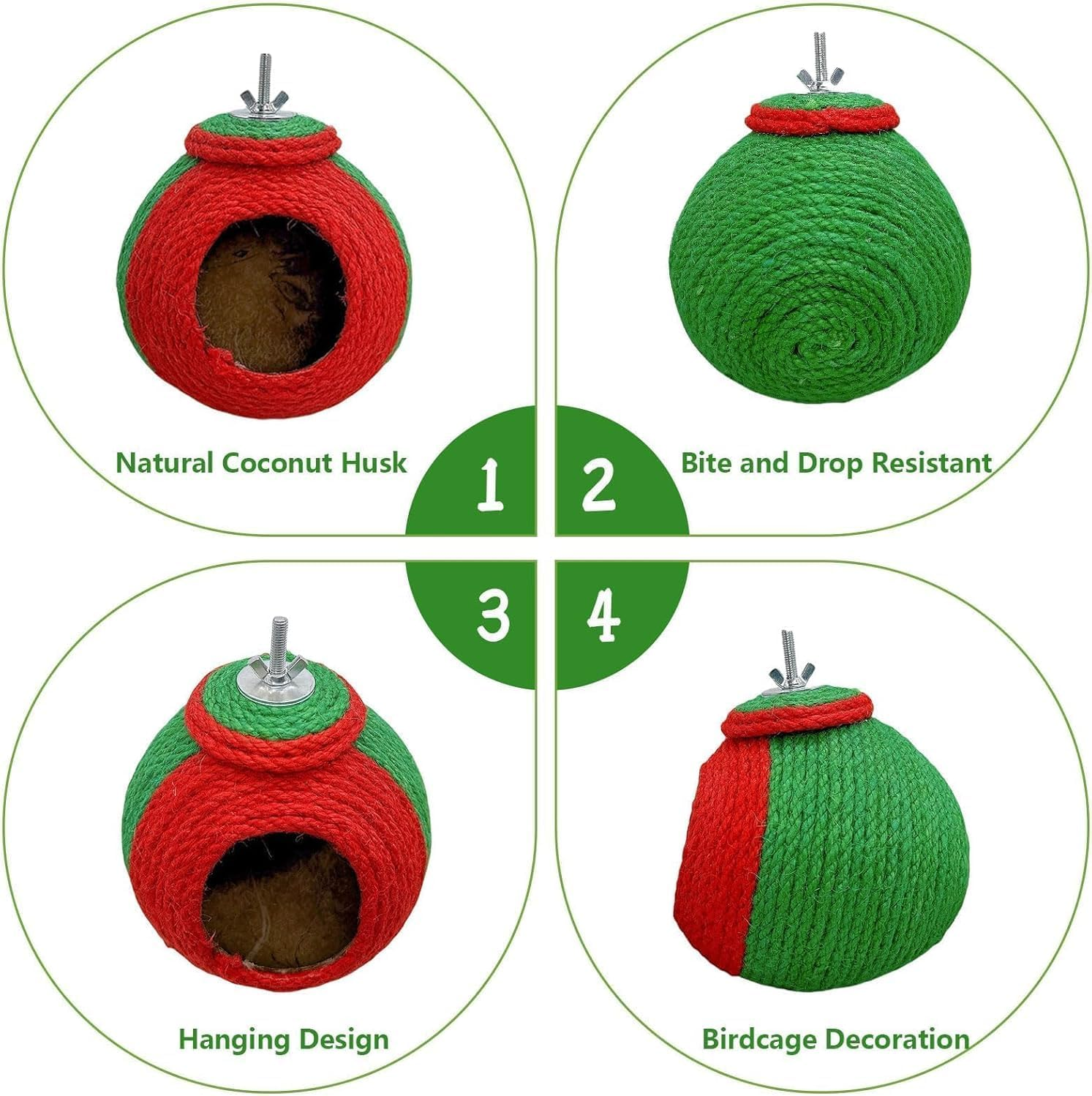 Kathson Bird Nest, Parrot Rearing House, Parakeet Hut Made of Coconut Shell, Hanging Budgie Nesting House with Coconut Fibre, Cockatiel Bed for Parakeet Lovebird image number 2