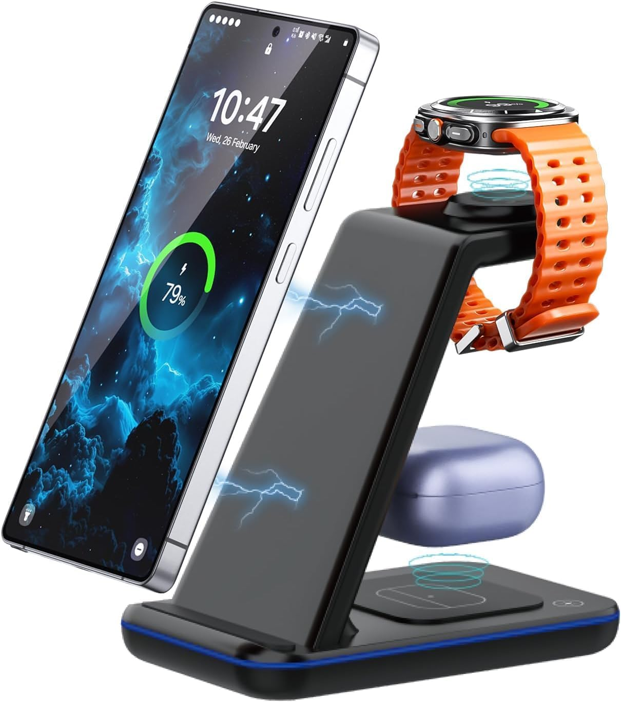 3-In-1 Wireless Charger for Samsung Cellphone and Watch, Cellphone Inductive Charging Station,Induction Charger for Samsung S25, Watch Ultra/7/6/5, Wireless Charger for Galaxy Buds(No Adapter)