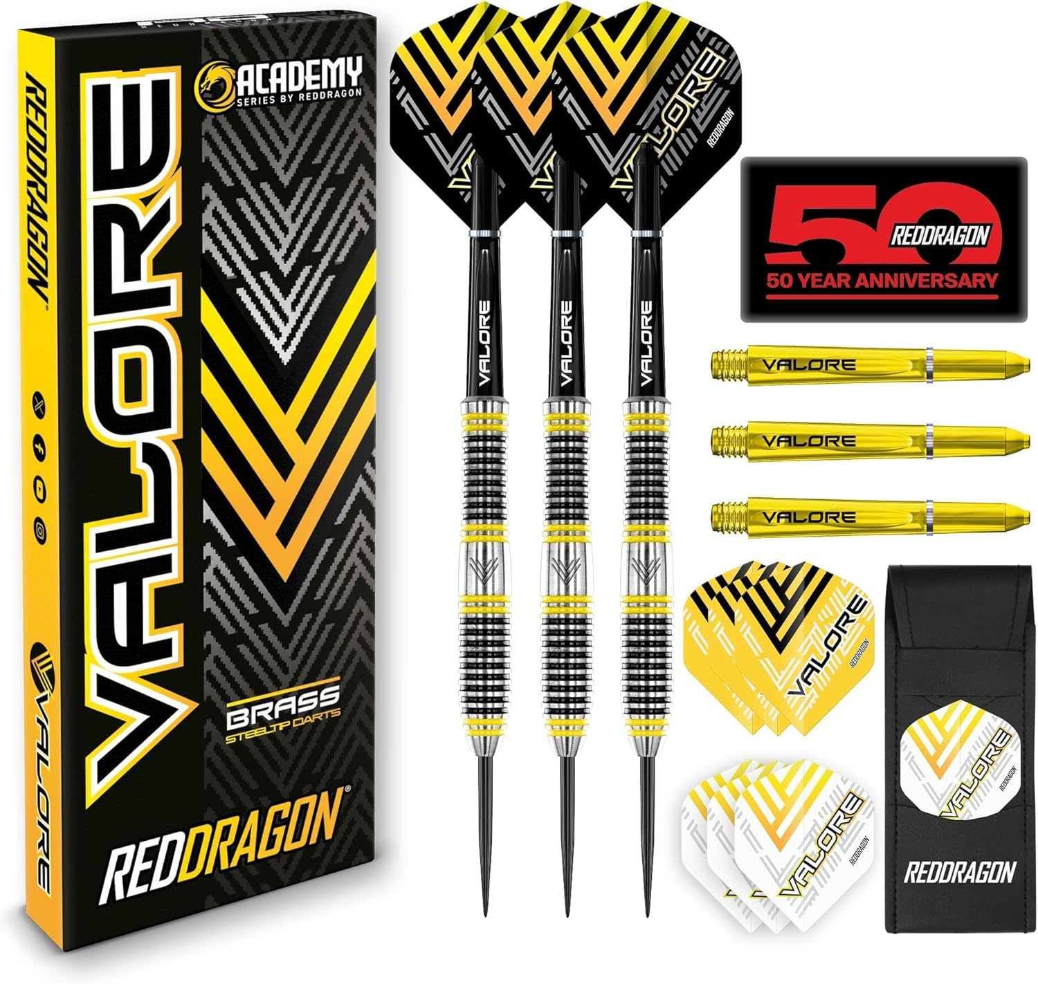 RED DRAGON Valore 22G Brass Steel Tip Darts Set with Dart Flights and Dart Shafts (Stems) Including Darts Wallet image number 4