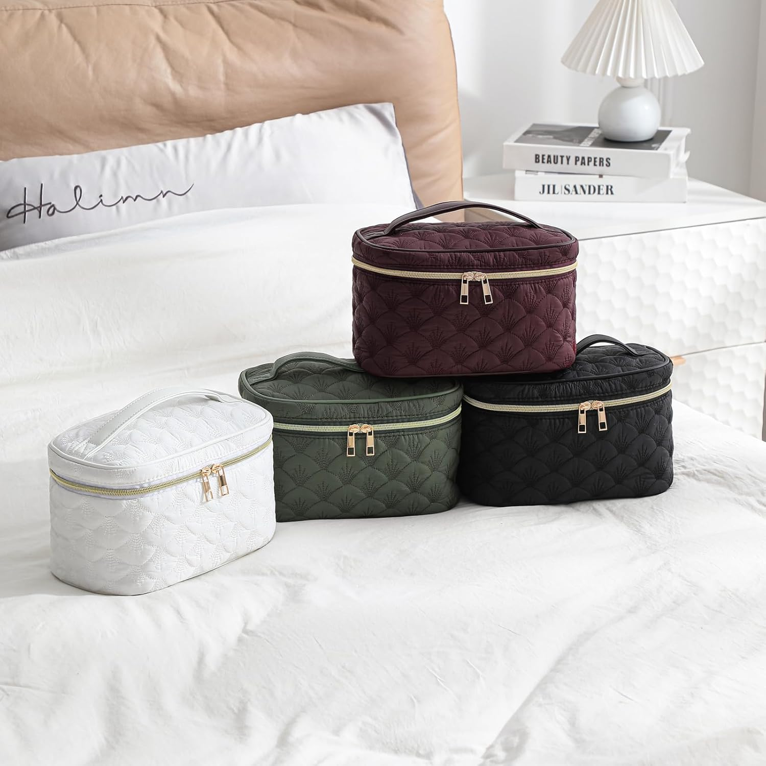 DDPOND Medium Size Quilted Makeup Bag with Brush Compartment, Coastal Granddaughter Cosmetic Bag, Seashell Portable Travel Toiletry Pouch（02White） - 02White image number 3