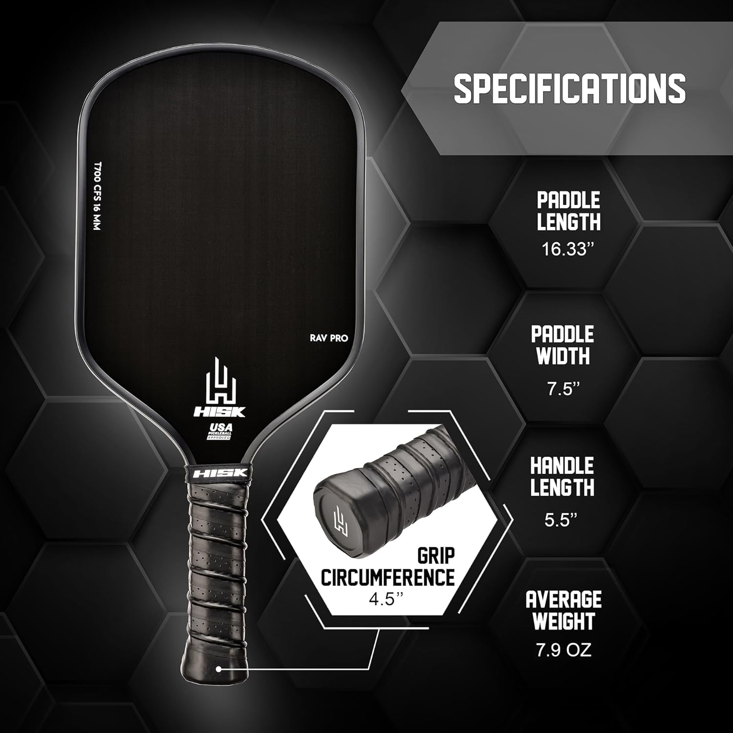 HISK RAV PRO Pickleball Paddle - Ultimate HIGH END 16Mm Japanese Toray T700 Raw Carbon Fiber CFS W/Excellent GRIT Roughness Texture, Aero Dynamic Curve, USAPA Approved, Non Slip Grip - White image number 7