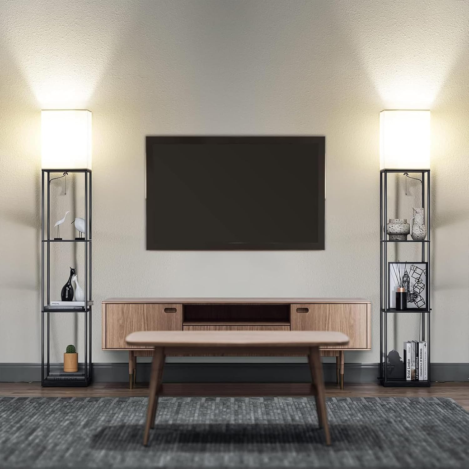 Floor Lamp, Vintage Wood Led Light Lamps Bookshelf Corner Shelf Standing Lights Display Stand Storage Organiser Home Decor for Living Room Bedroom, 3 Tier Shelves Pull-String Switch Black