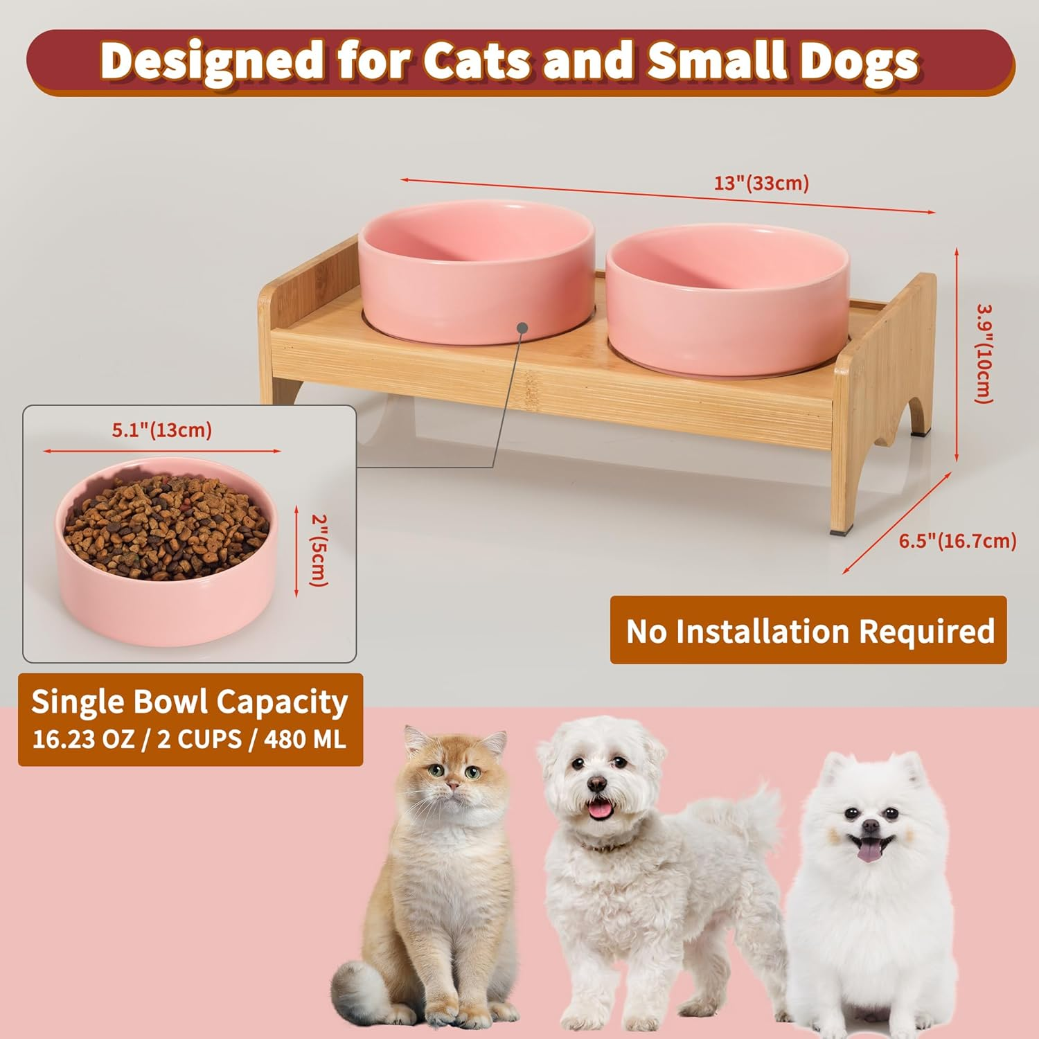 Elevated Ceramic Dog Bowl Set - Double Raised Dog Food and Water Bowls with Bamboo Stand - Pet Dishes for Cats and Puppies - 16.23 OZ - 2 Cups image number 5