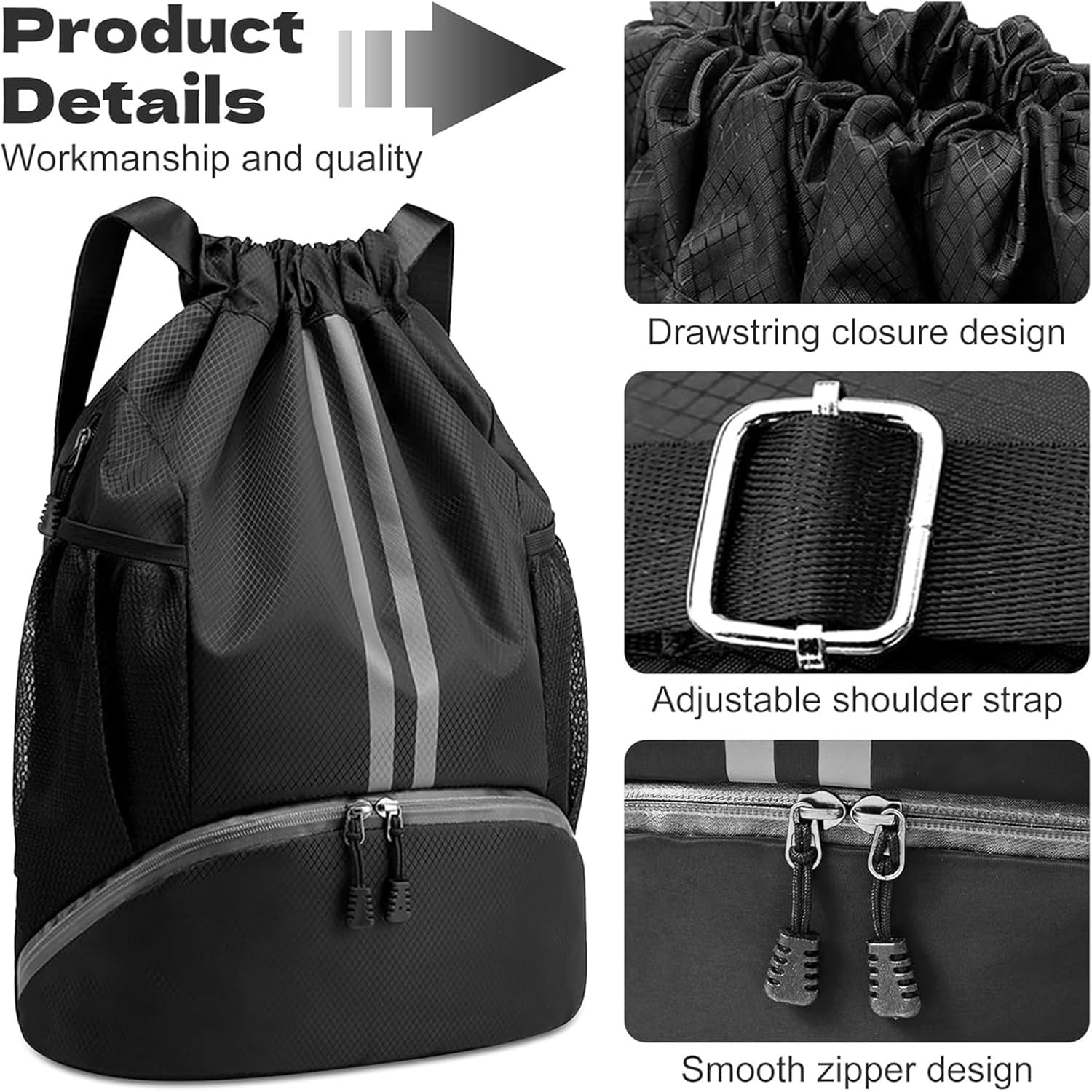 Sports Drawstring Gym Bag with Shoe Bag, Waterproof Drawstring Bag with Wet Pocket & Mesh Bottle Pockets for Women Men, Sport Bag for Swim Travel Fitness Workout image number 3