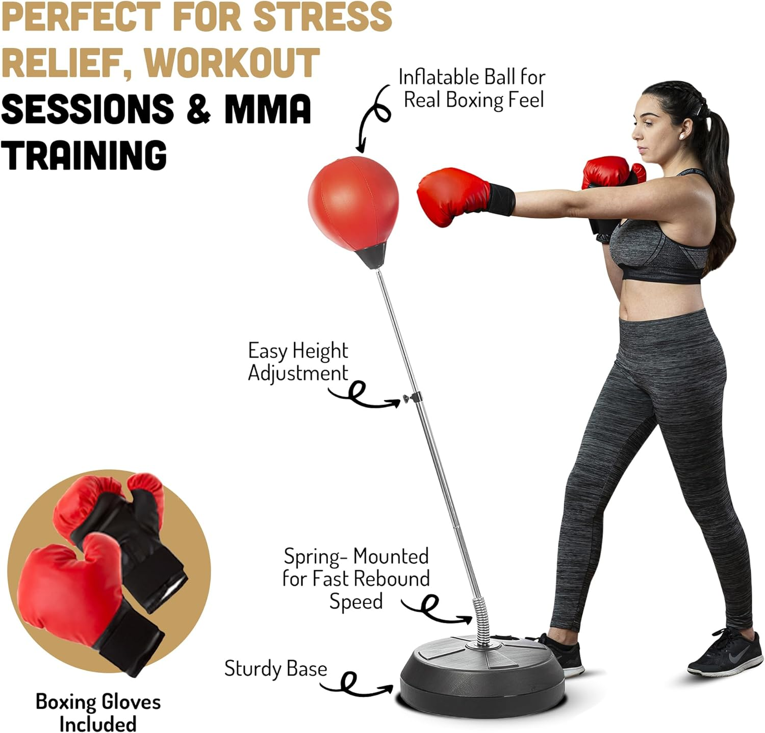 Tech Tools Boxing Ball Set with Punching Bag, Boxing Gloves, Hand Pump & Adjustable Height Stand - Strong Durable Spring Withstands Tough Hits for Stress Relief & Fitness image number 5