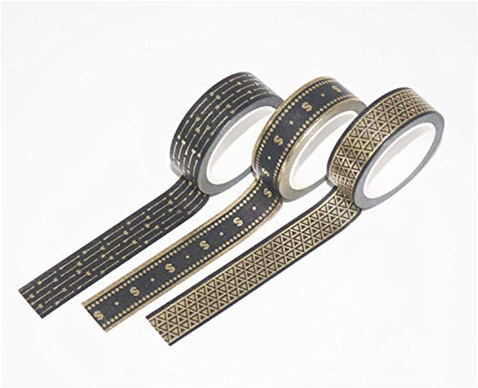 Washi Tape Set Black Gold Foil Print Decorative Masking Tape for Arts and DIY Crafts, Scrapbooking, Bullet Journal, Planner, Gift Wrapping, Holiday Decoration (9 Rolls/Unit)
